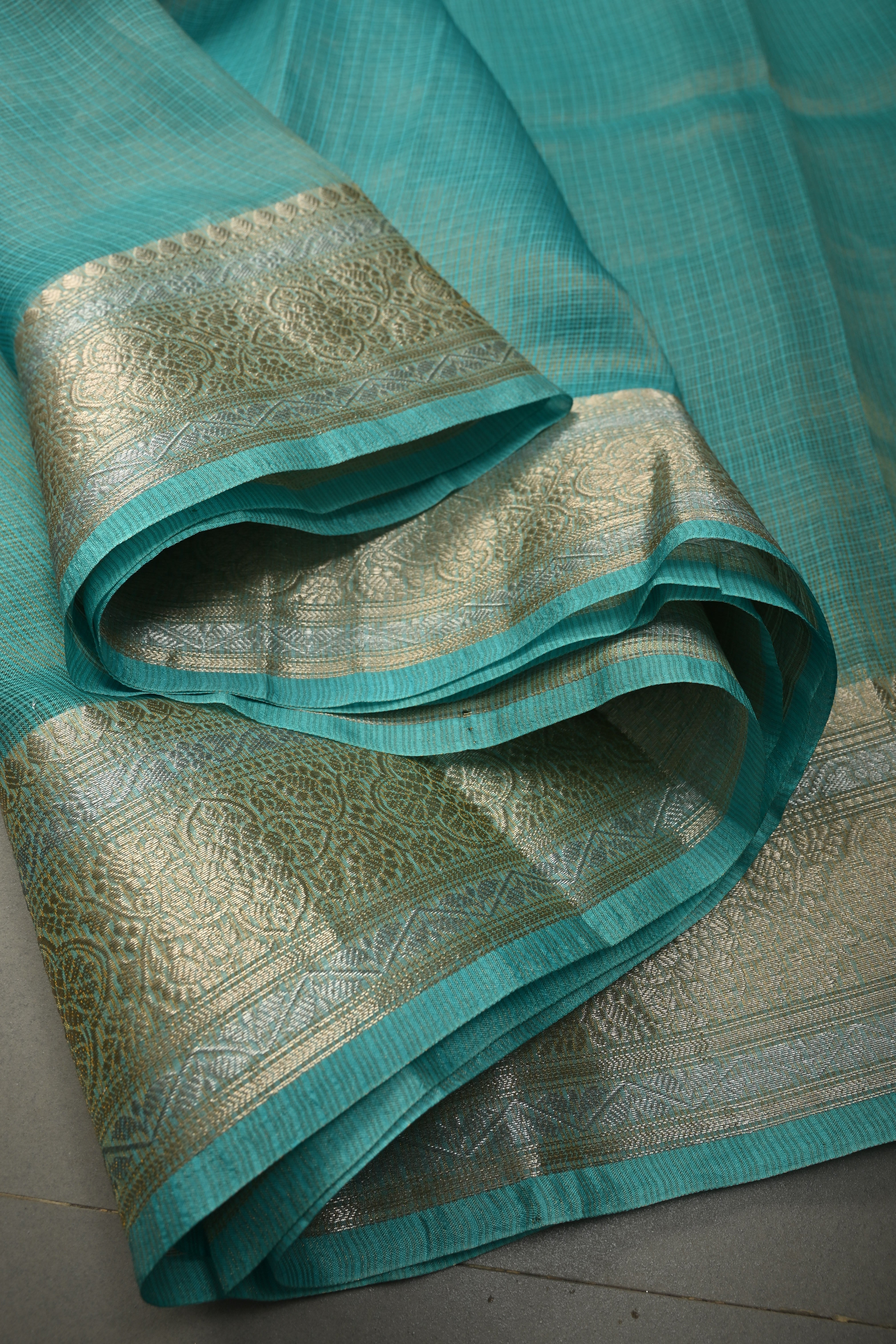Cyan Kota Doria Tissue Cotton Saree with Sona Rupa Zari Border | Shobitam