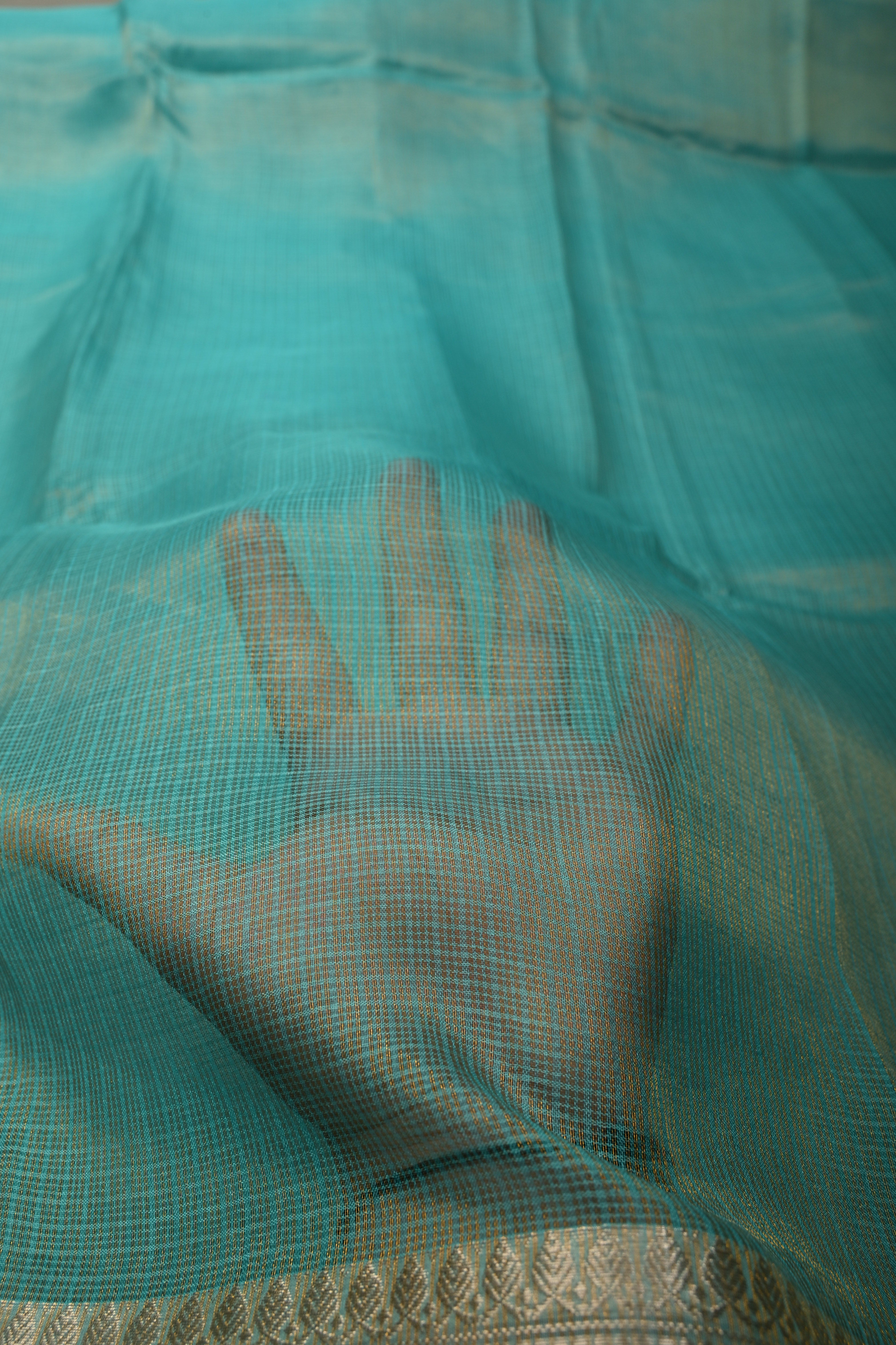 Cyan Kota Doria Tissue Cotton Saree with Sona Rupa Zari Border | Shobitam