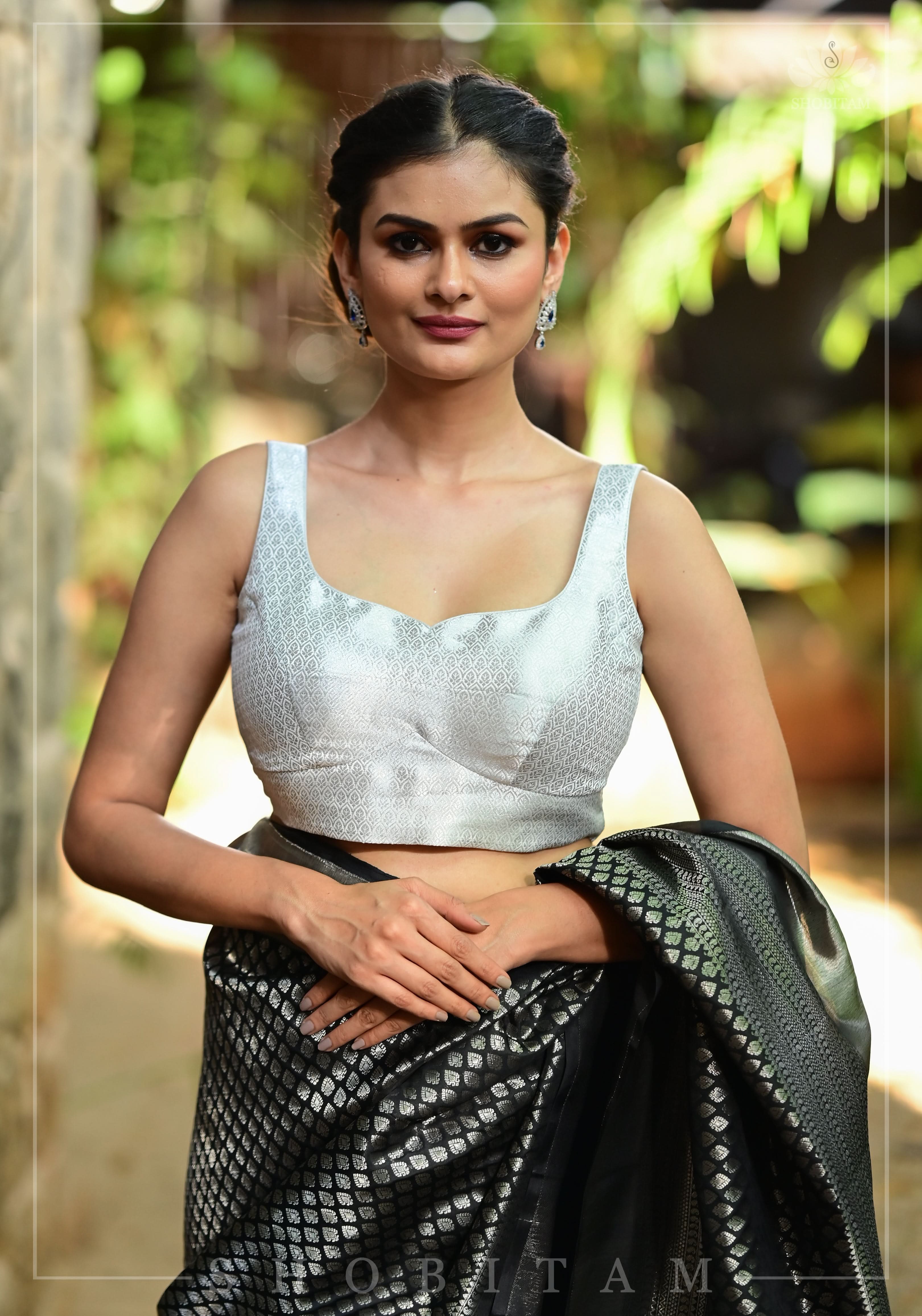 Silver Blouse with Scoopneck, Sleeveless Pattern and Cutdana Latkans | Shobitam