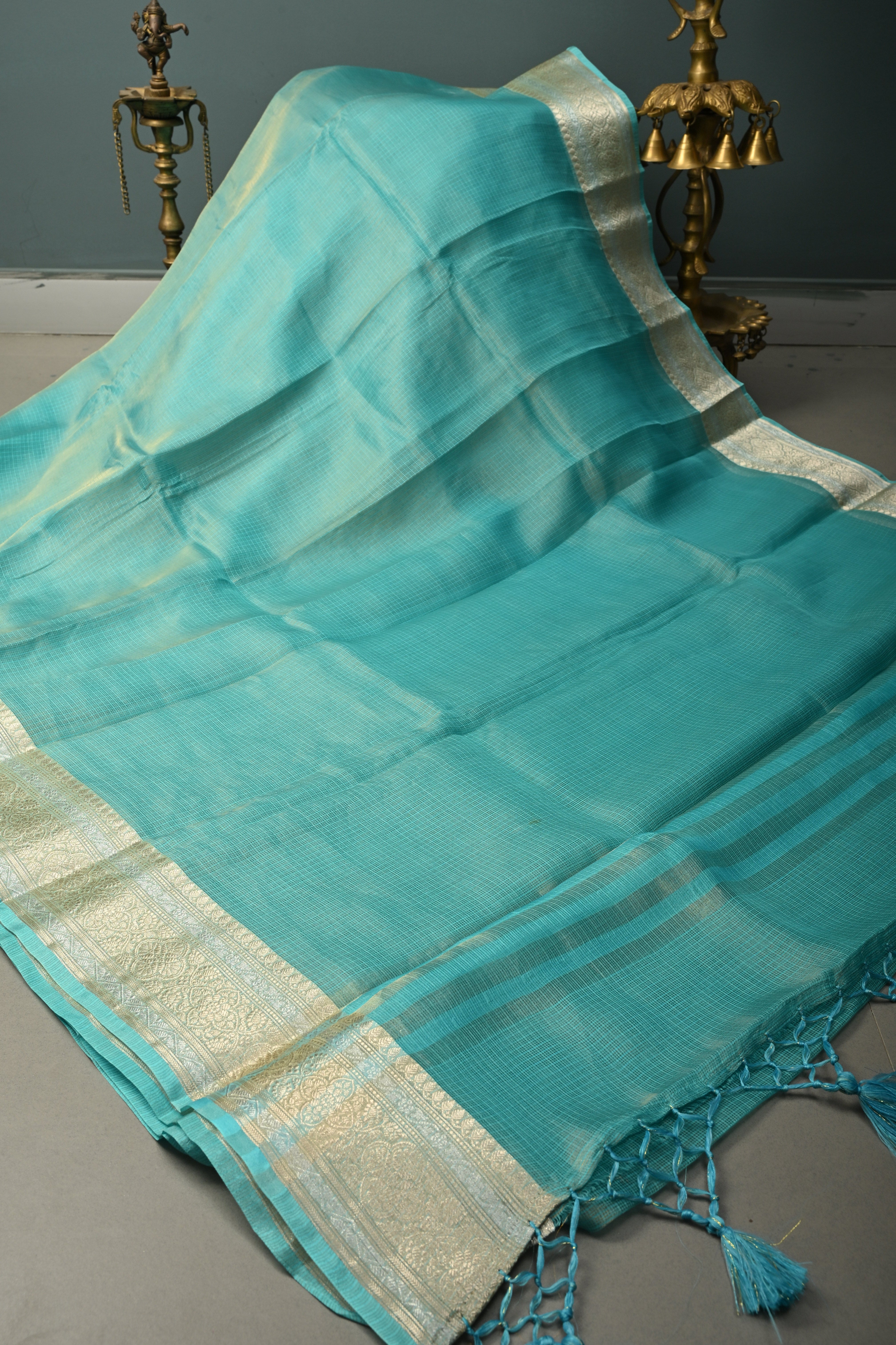 Cyan Kota Doria Tissue Cotton Saree with Sona Rupa Zari Border | Shobitam