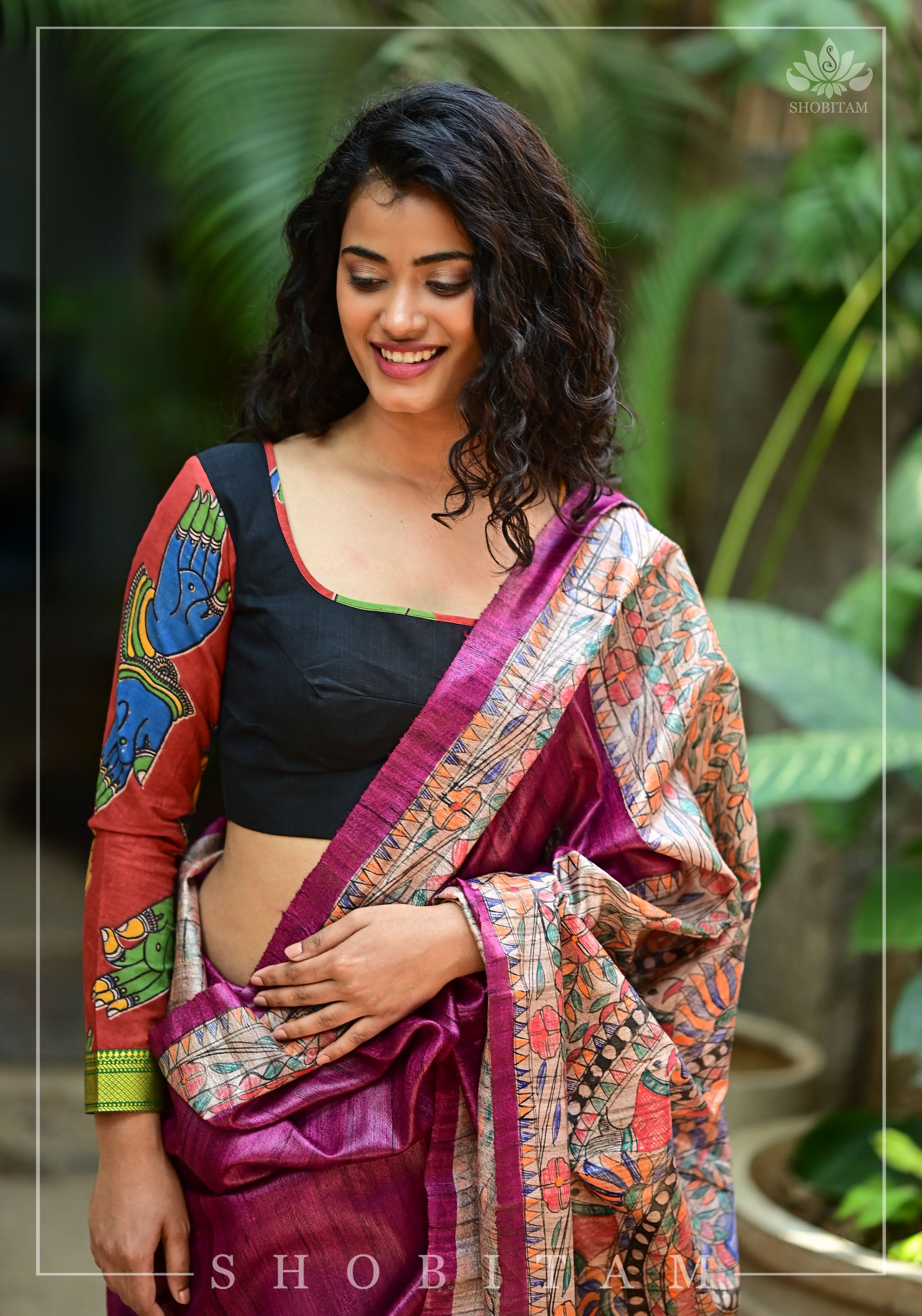 Kalamkari block print and mangalagiri cotton square back cutout, full sleeves blouse | Shobitam