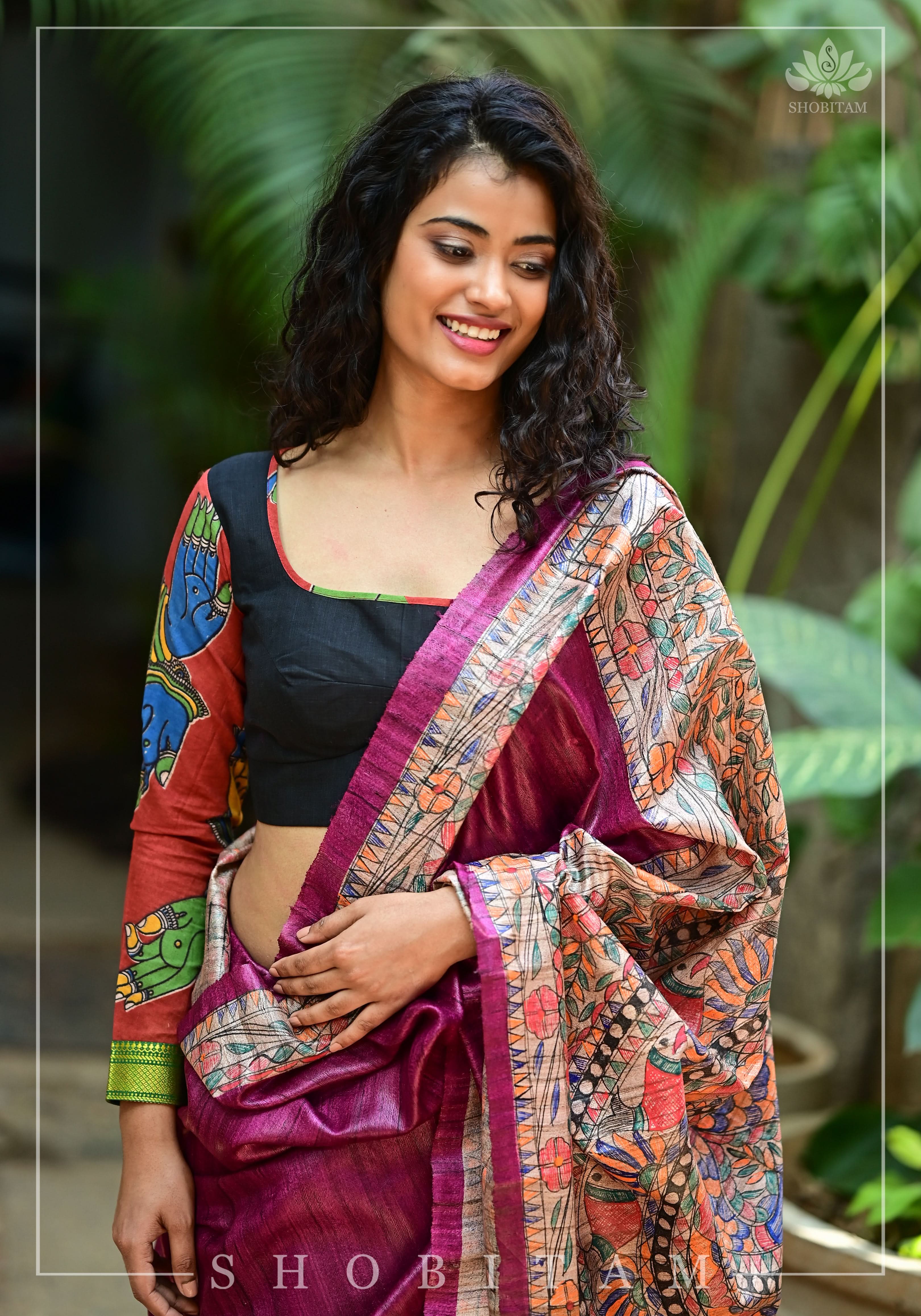 Kalamkari block print and mangalagiri cotton square back cutout, full sleeves blouse | Shobitam