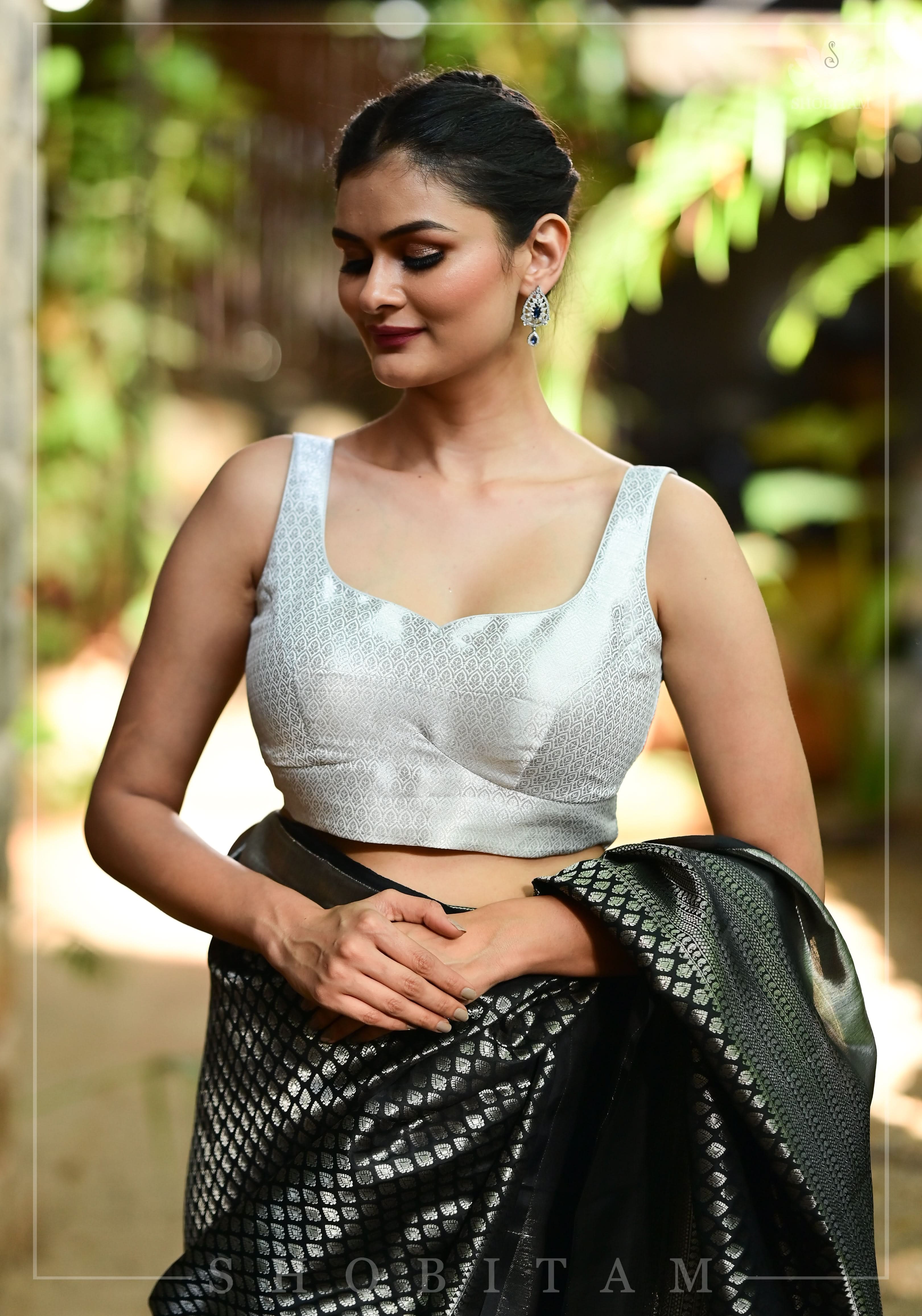 Silver Blouse with Scoopneck, Sleeveless Pattern and Cutdana Latkans | Shobitam