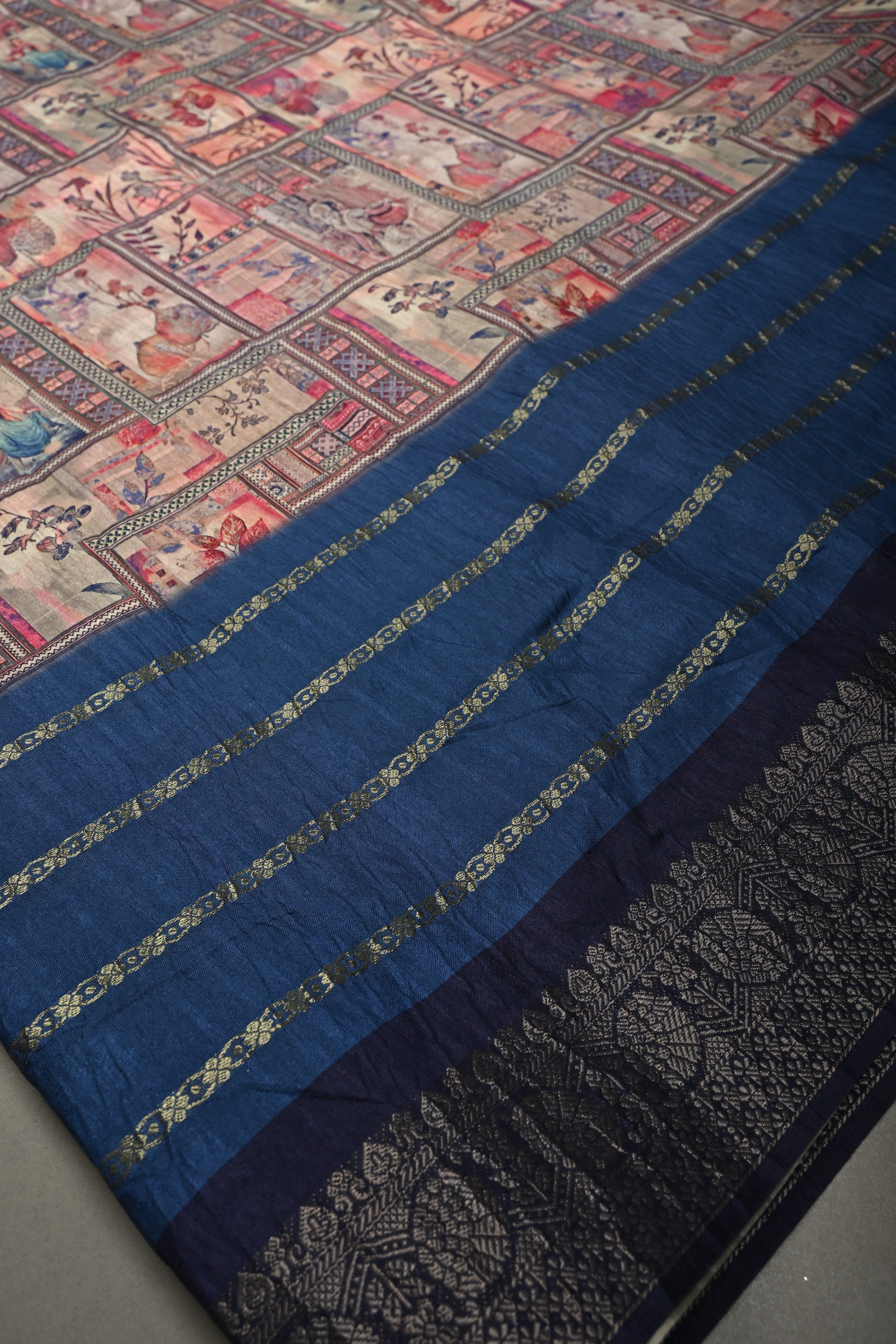 Pastel Multicolor Semi Silk Saree with Digital Print and Contrast Stripes Zari Border | Shobitam