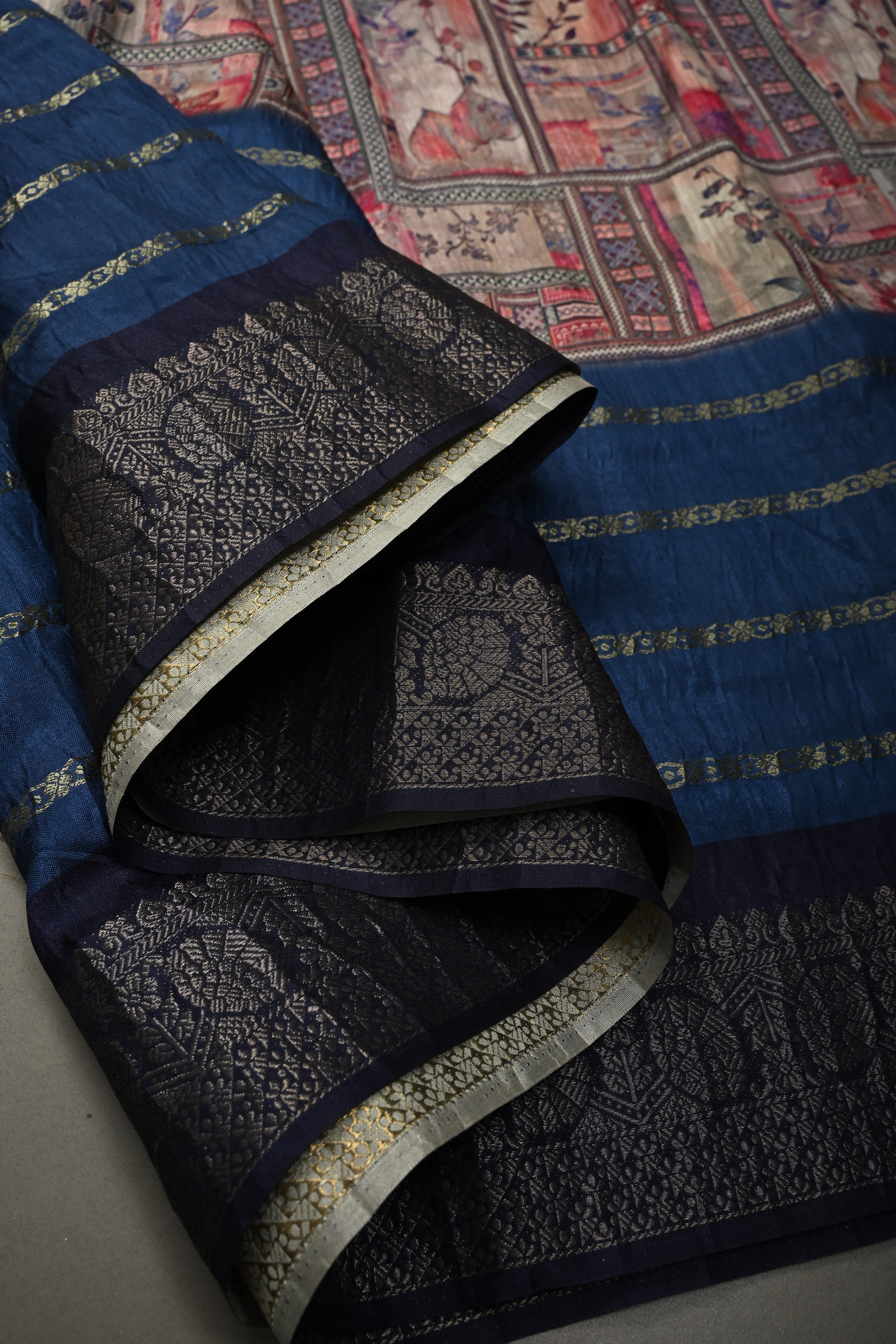 Pastel Multicolor Semi Silk Saree with Digital Print and Contrast Stripes Zari Border | Shobitam