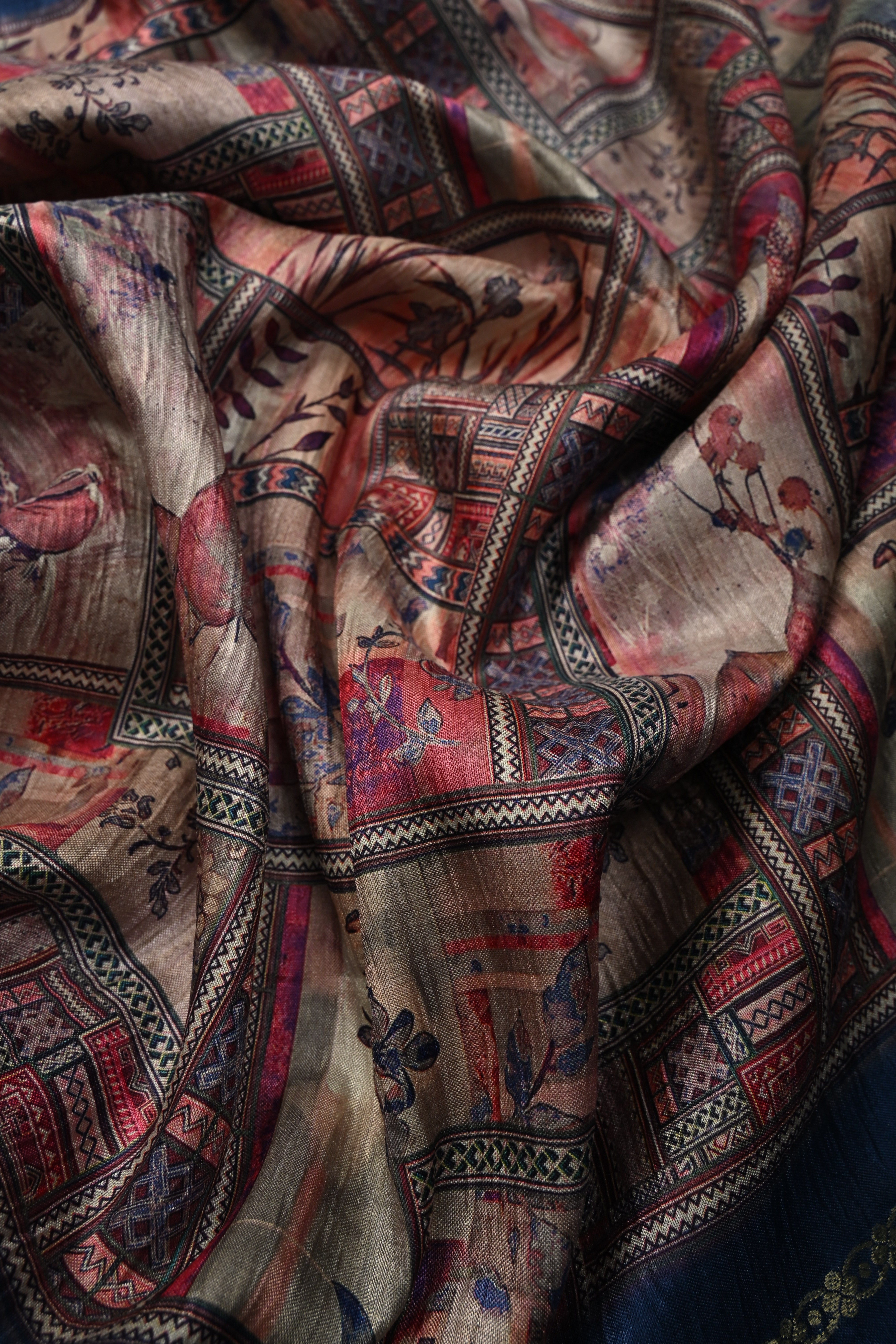 Pastel Multicolor Semi Silk Saree with Digital Print and Contrast Stripes Zari Border | Shobitam