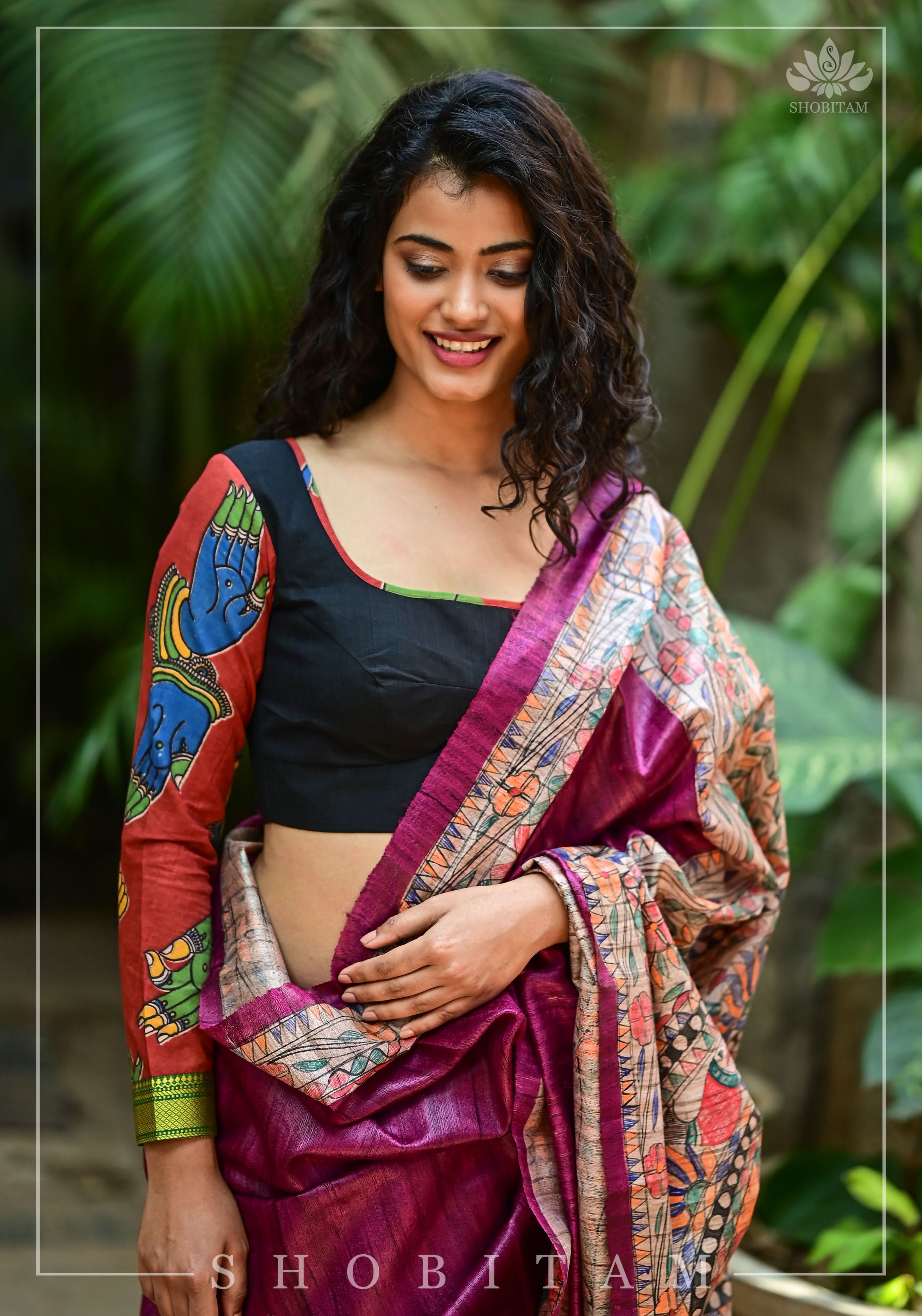 Kalamkari block print and mangalagiri cotton square back cutout, full sleeves blouse | Shobitam