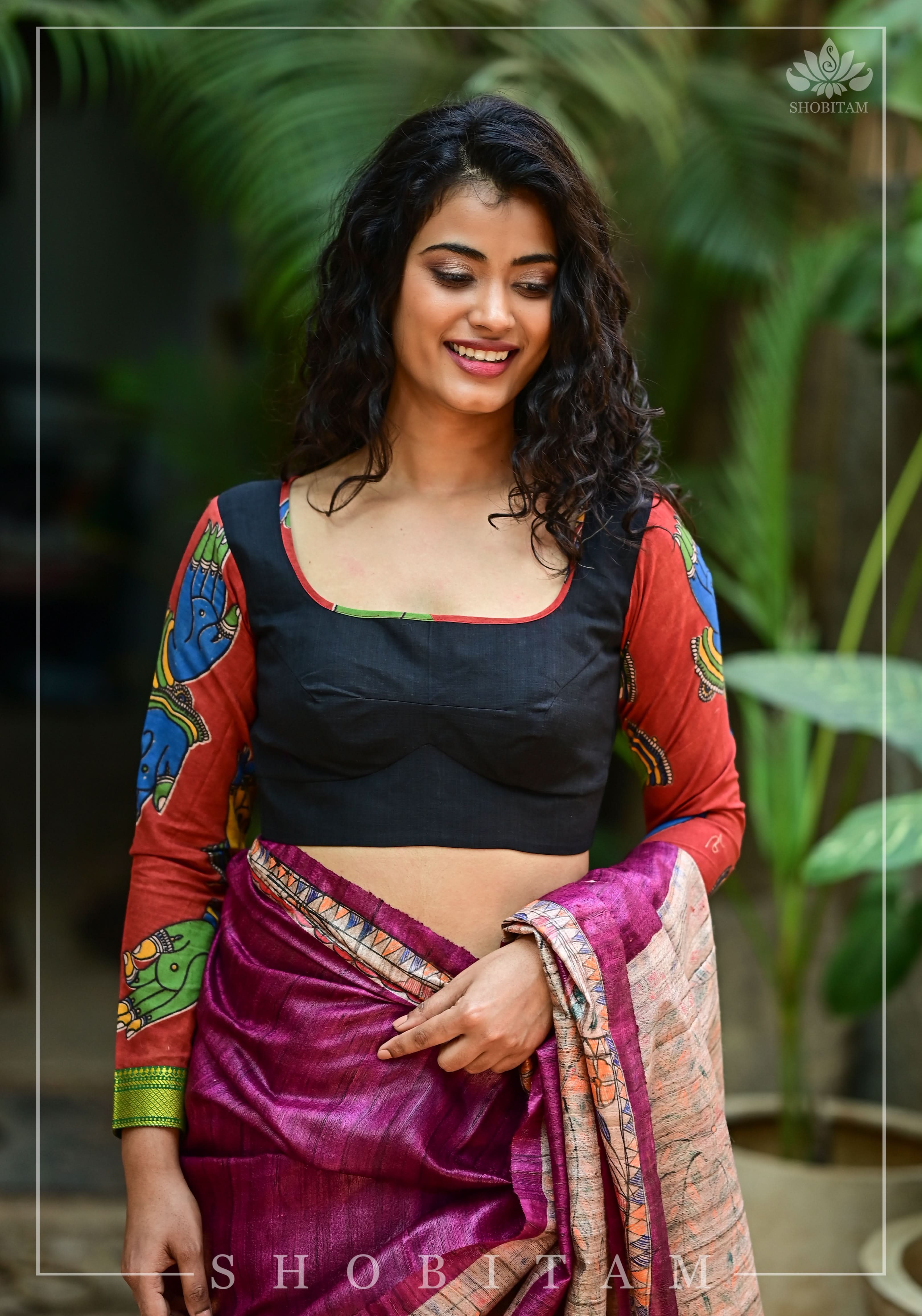Kalamkari block print and mangalagiri cotton square back cutout, full sleeves blouse | Shobitam