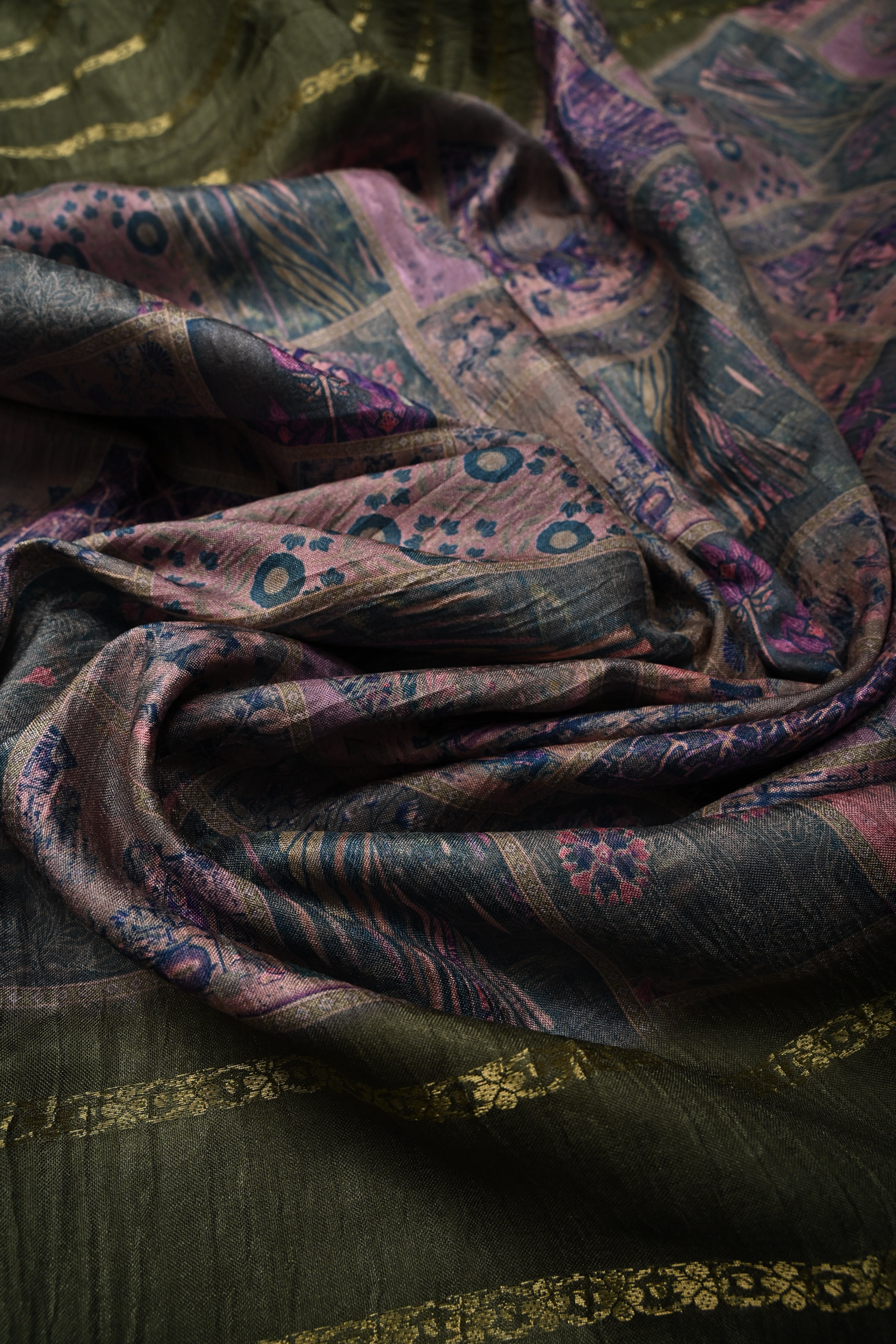 Multicolor Semi Silk Saree with Digital Print and Contrast Stripes Borders | Shobitam
