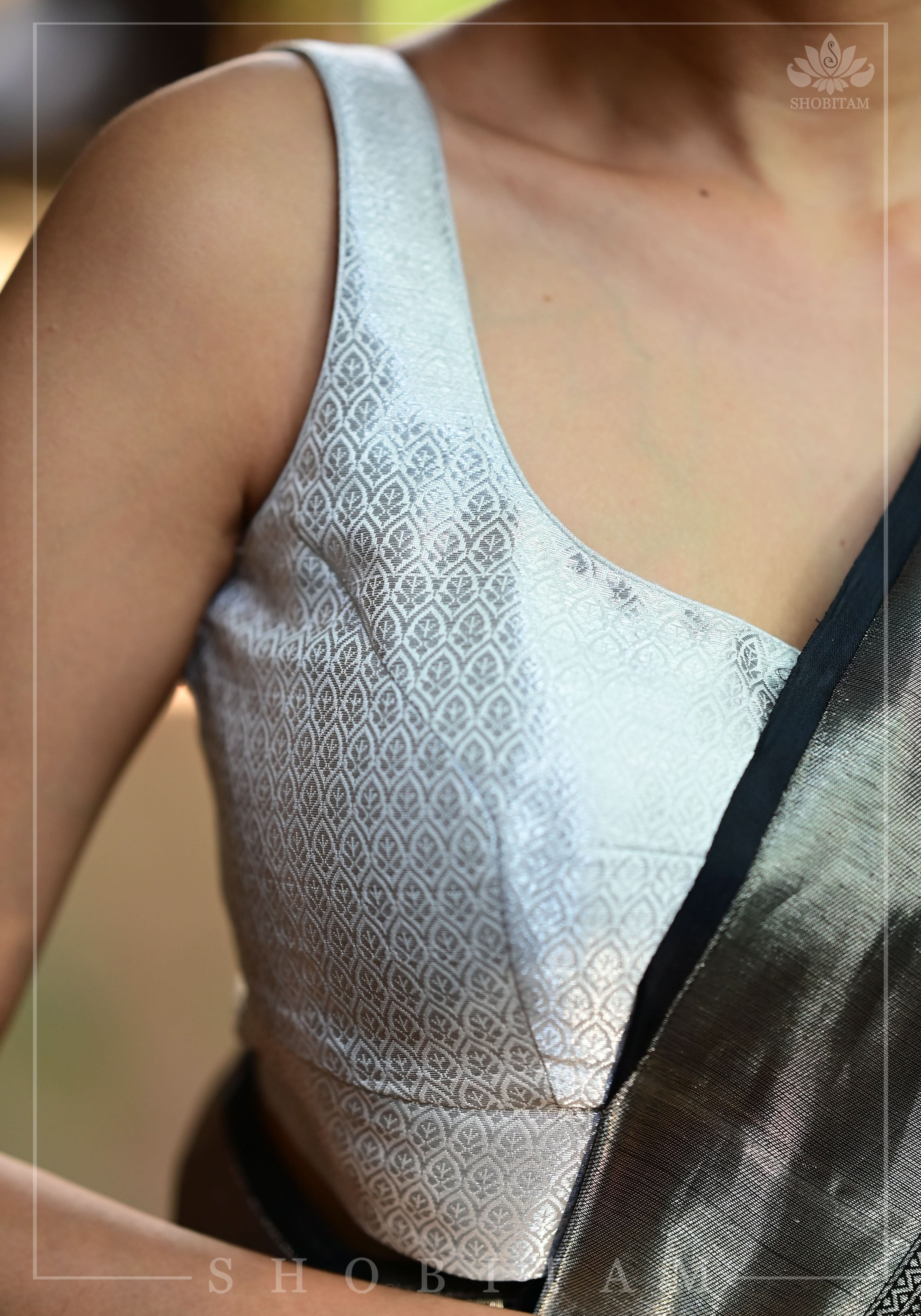 Silver Blouse with Scoopneck, Sleeveless Pattern and Cutdana Latkans | Shobitam