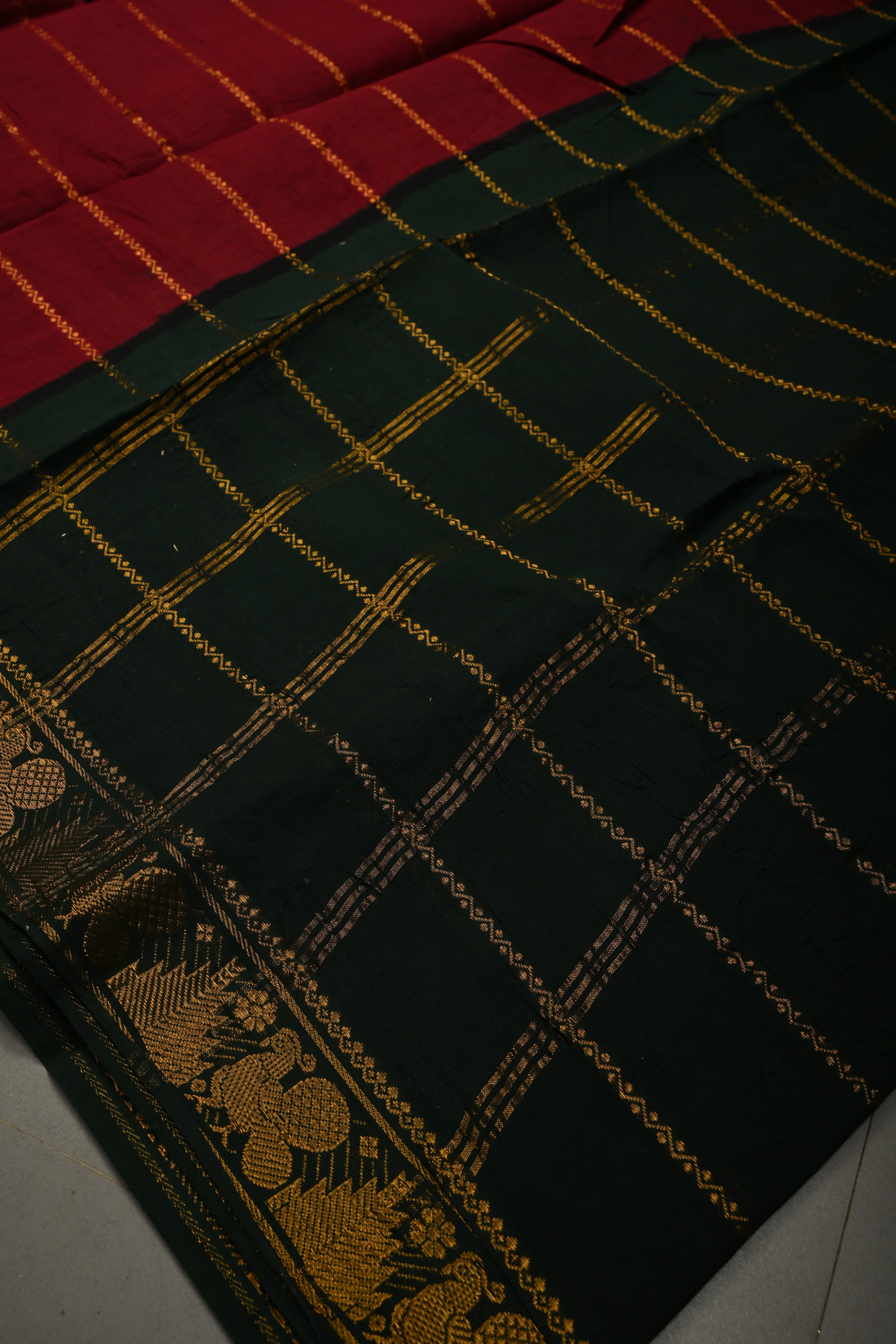 Maroon Veldhari Zari Stripes Saree on Madurai Cotton With Contrast Zari Border | Shobitam