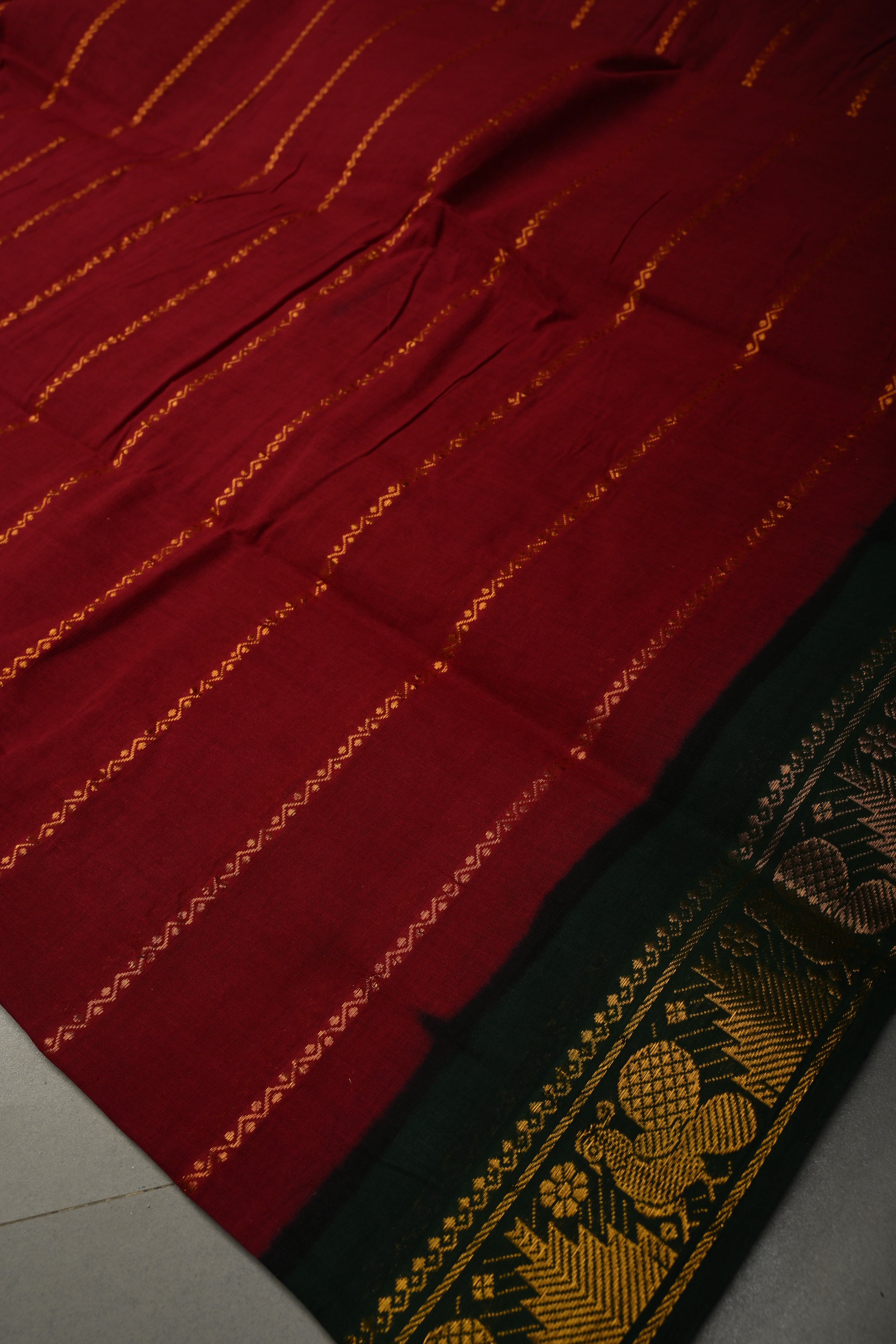Maroon Veldhari Zari Stripes Saree on Madurai Cotton With Contrast Zari Border | Shobitam