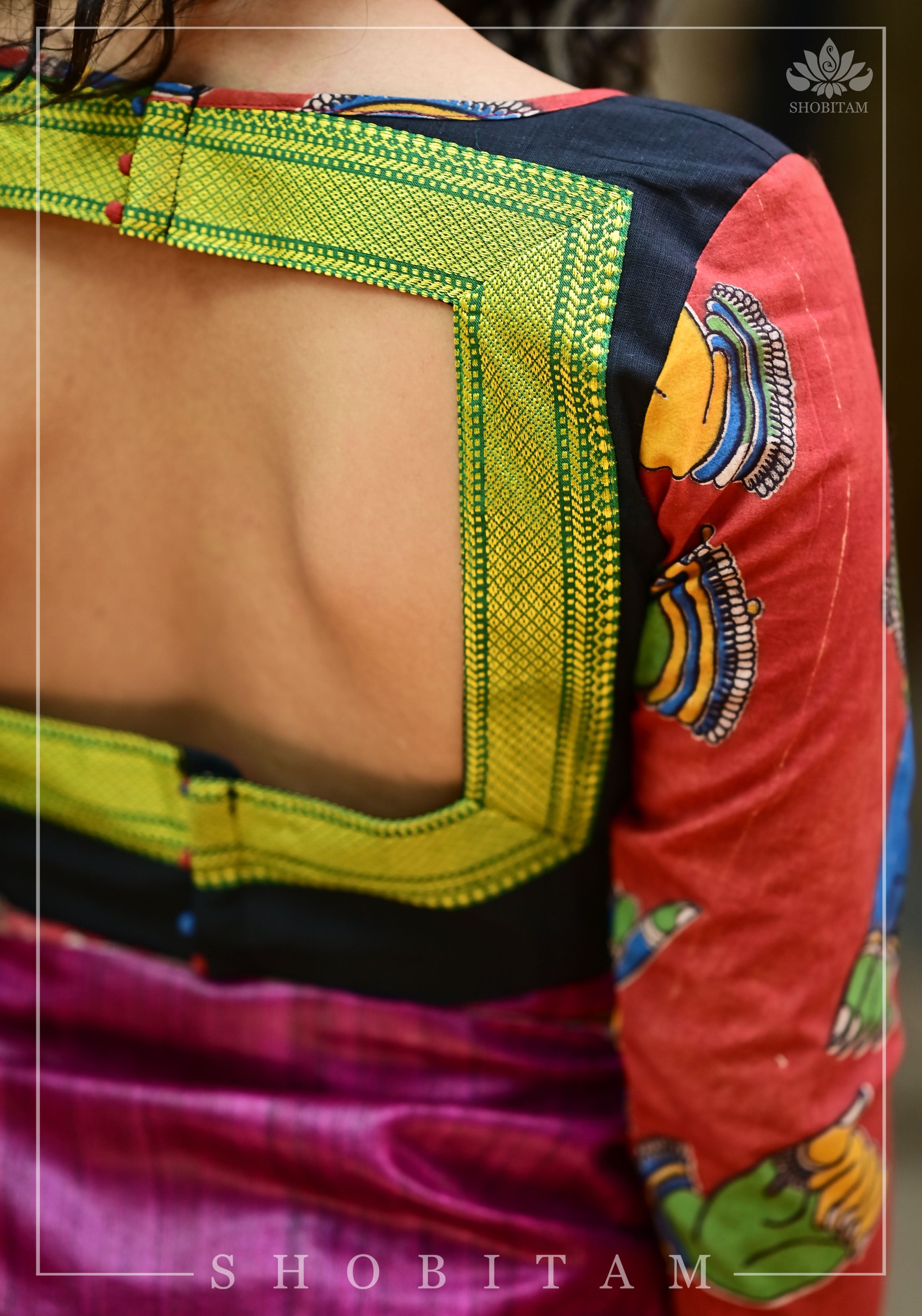 Kalamkari block print and mangalagiri cotton square back cutout, full sleeves blouse | Shobitam