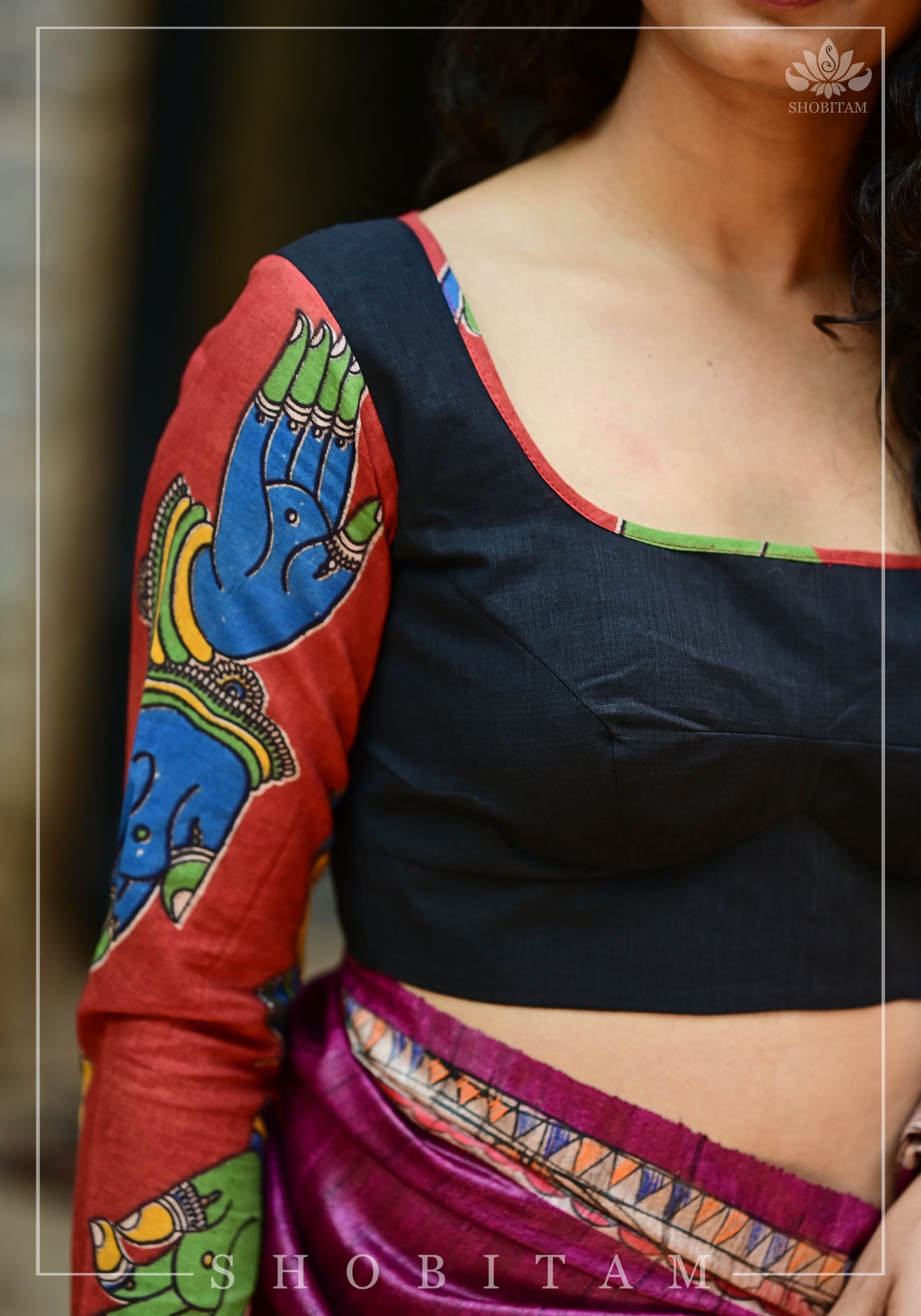 Kalamkari block print and mangalagiri cotton square back cutout, full sleeves blouse | Shobitam