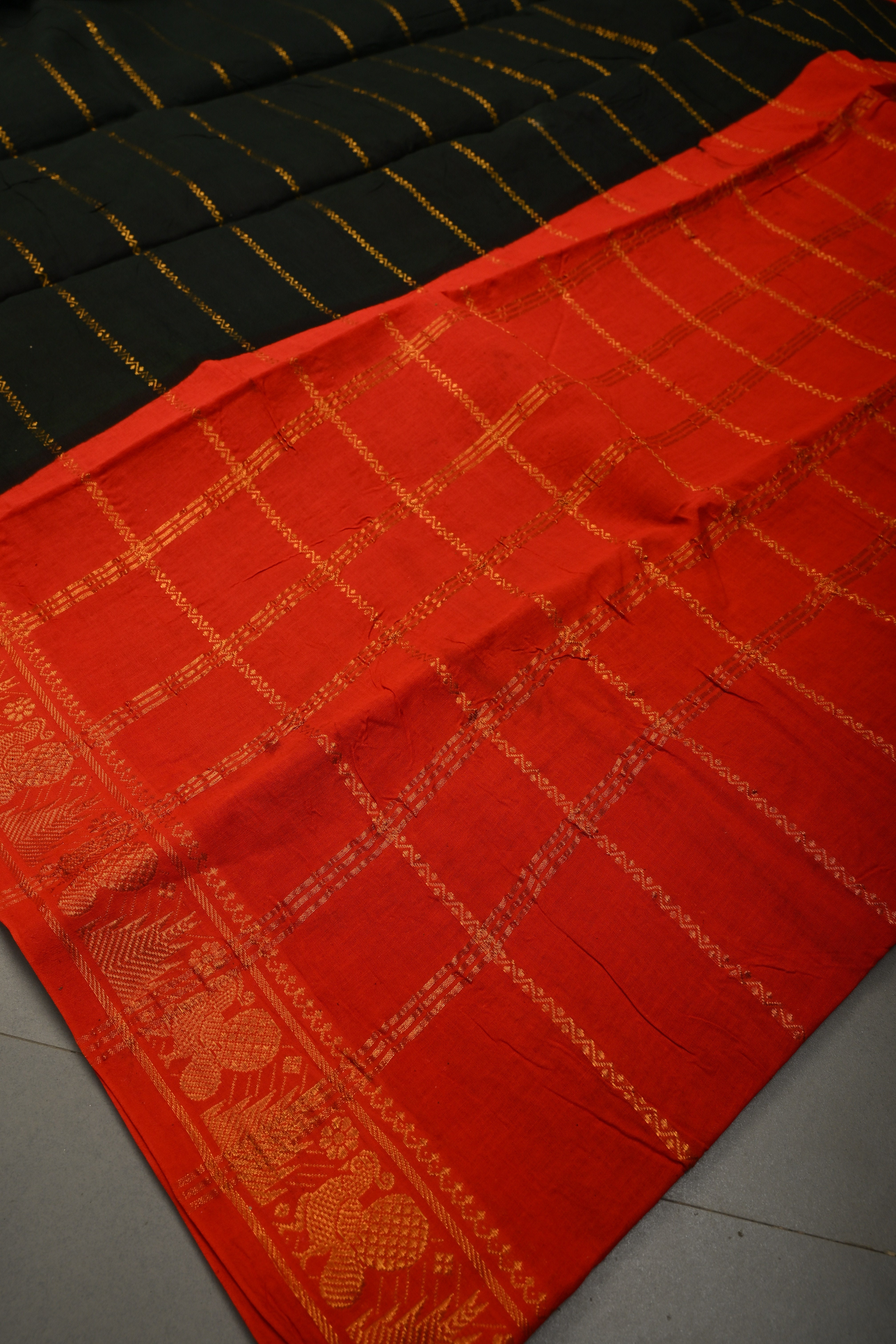Dark Bottle Green Veldhari Zari Stripes Saree on Madurai Cotton With Contrast Zari Border | Shobitam