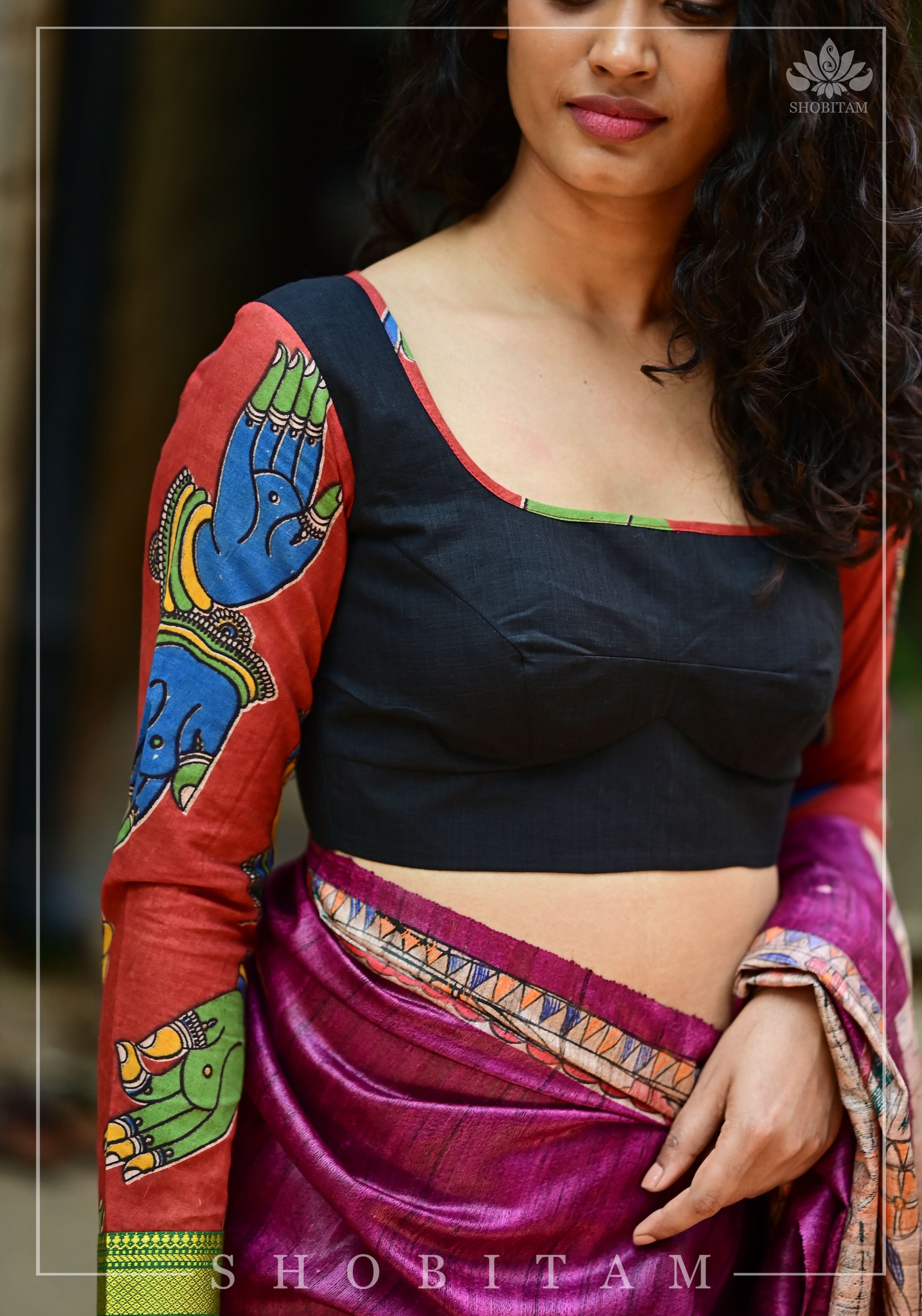 Kalamkari block print and mangalagiri cotton square back cutout, full sleeves blouse | Shobitam