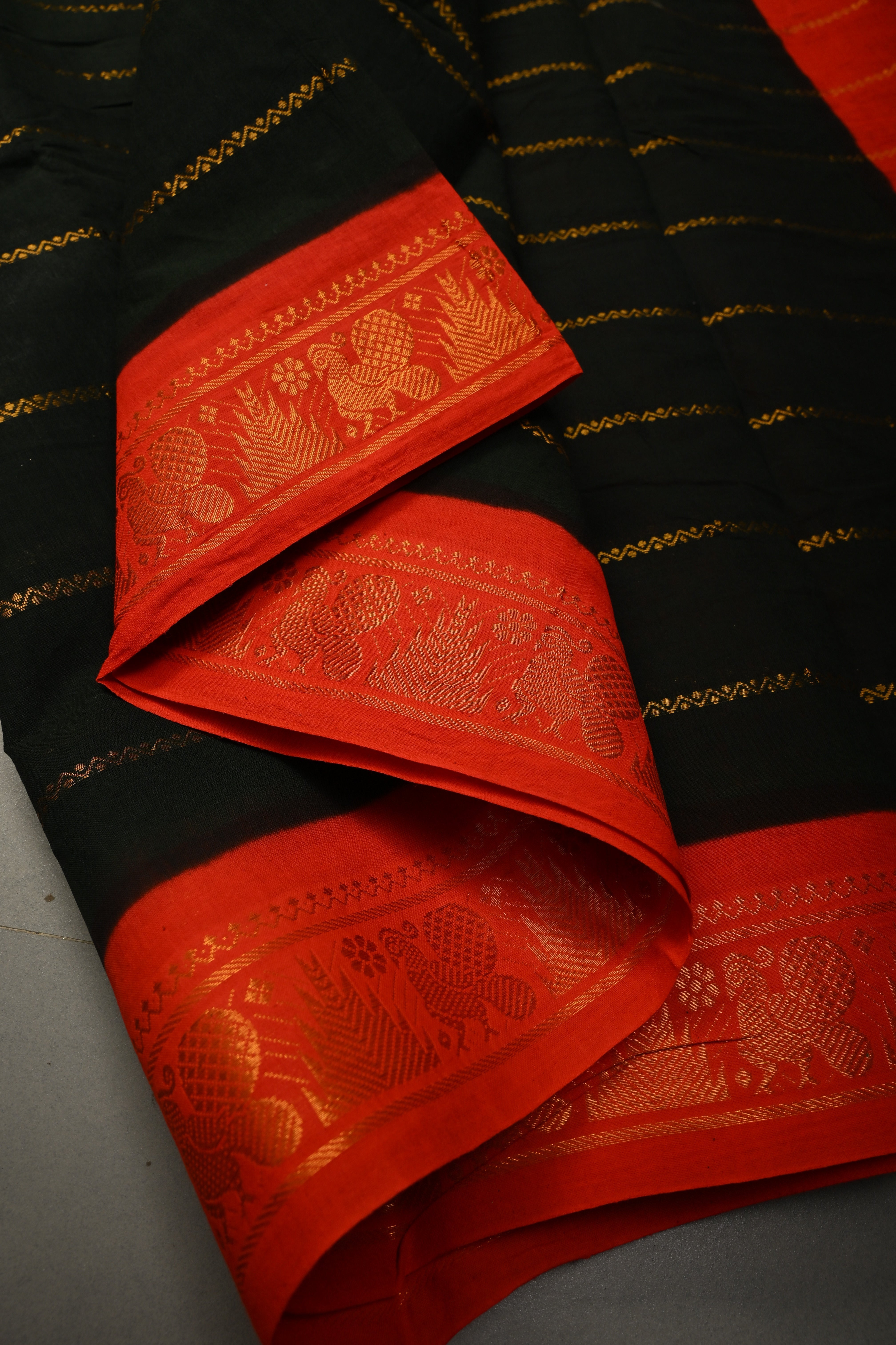 Dark Bottle Green Veldhari Zari Stripes Saree on Madurai Cotton With Contrast Zari Border | Shobitam