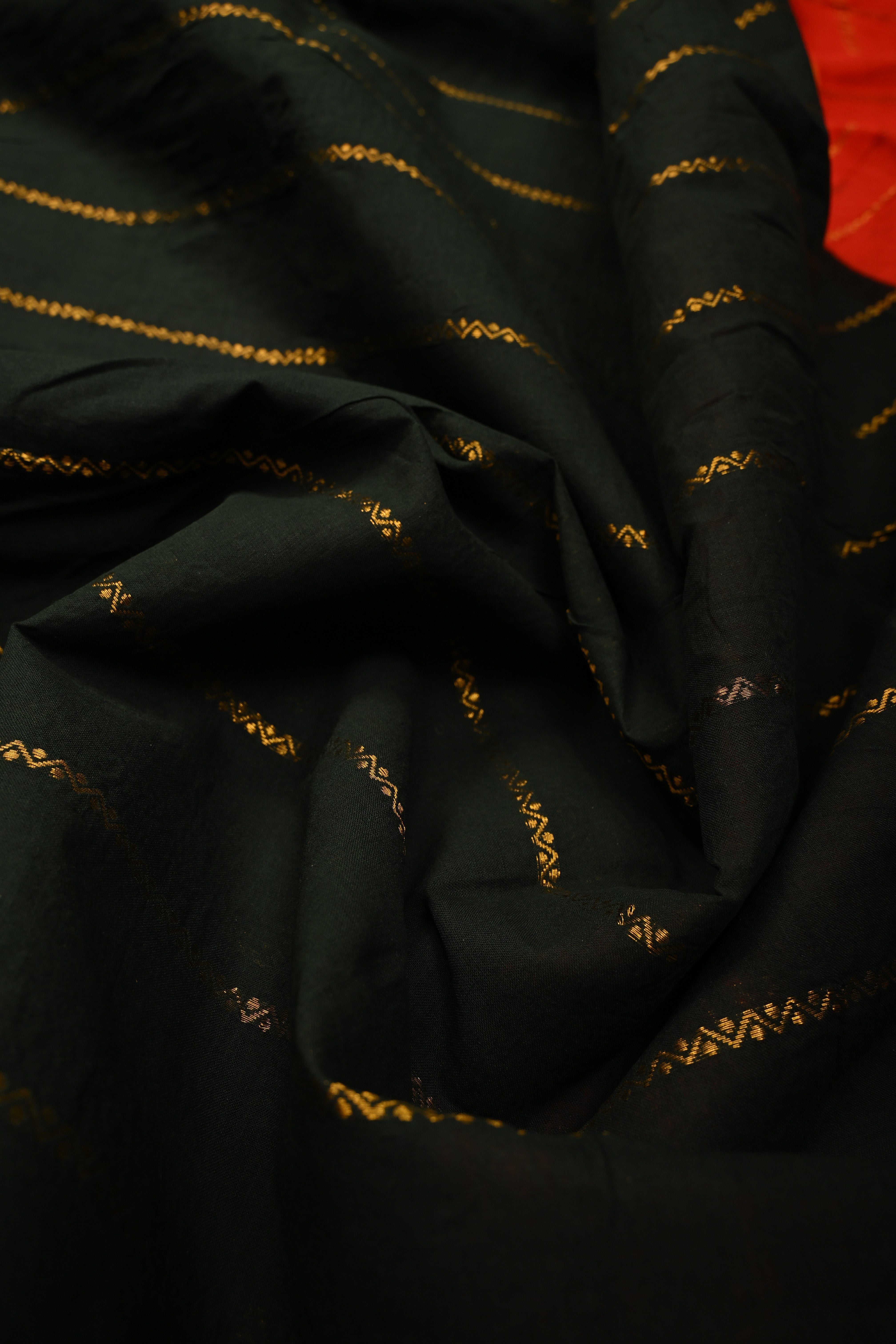 Dark Bottle Green Veldhari Zari Stripes Saree on Madurai Cotton With Contrast Zari Border | Shobitam
