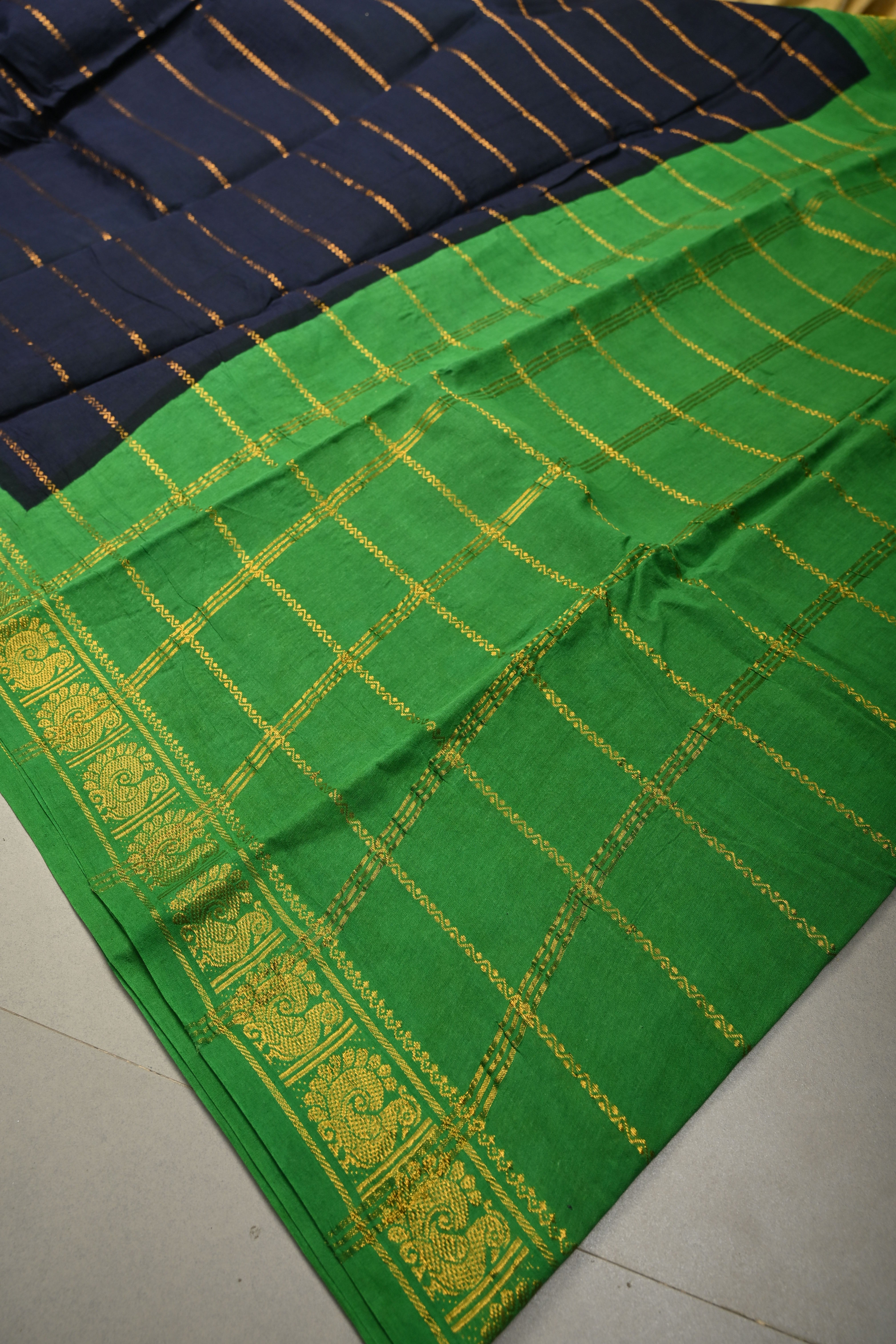 Dark Navy Blue Veldhari Zari Stripes Saree on Madurai Cotton With Contrast Zari Border | Shobitam