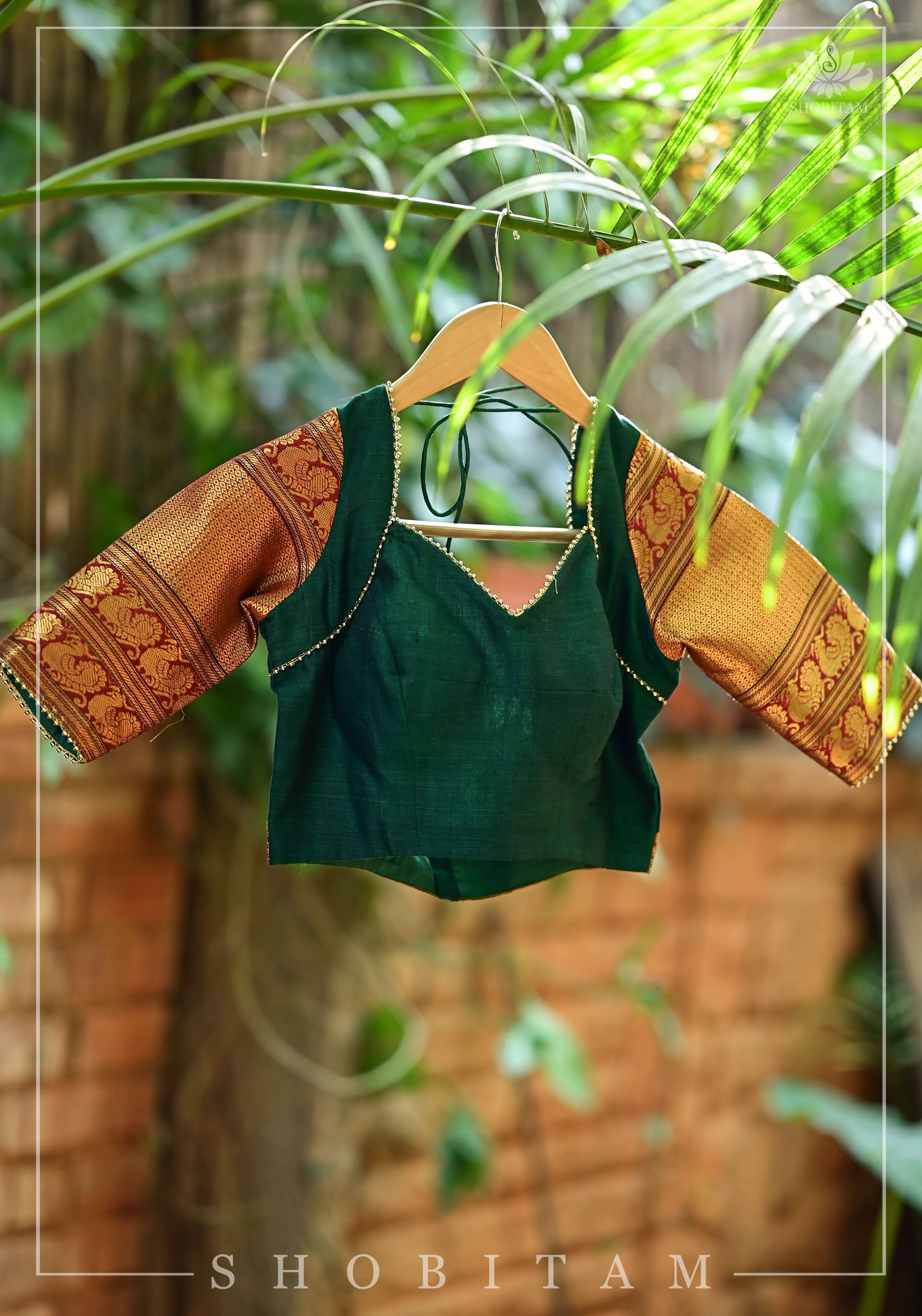 Emerald green narayanpet cotton sweet heart neck armband blouse | Shobitam