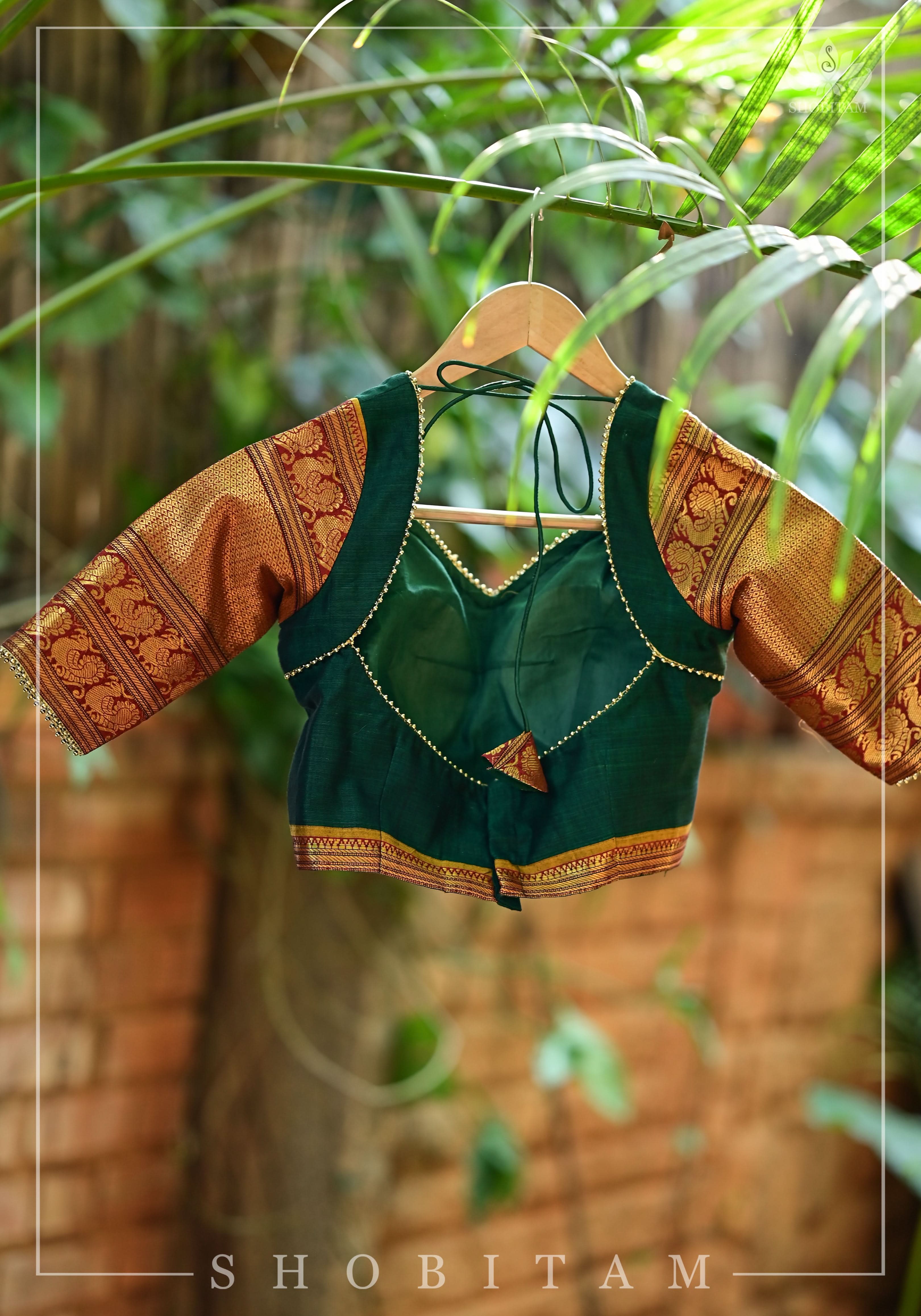 Emerald green narayanpet cotton sweet heart neck armband blouse | Shobitam