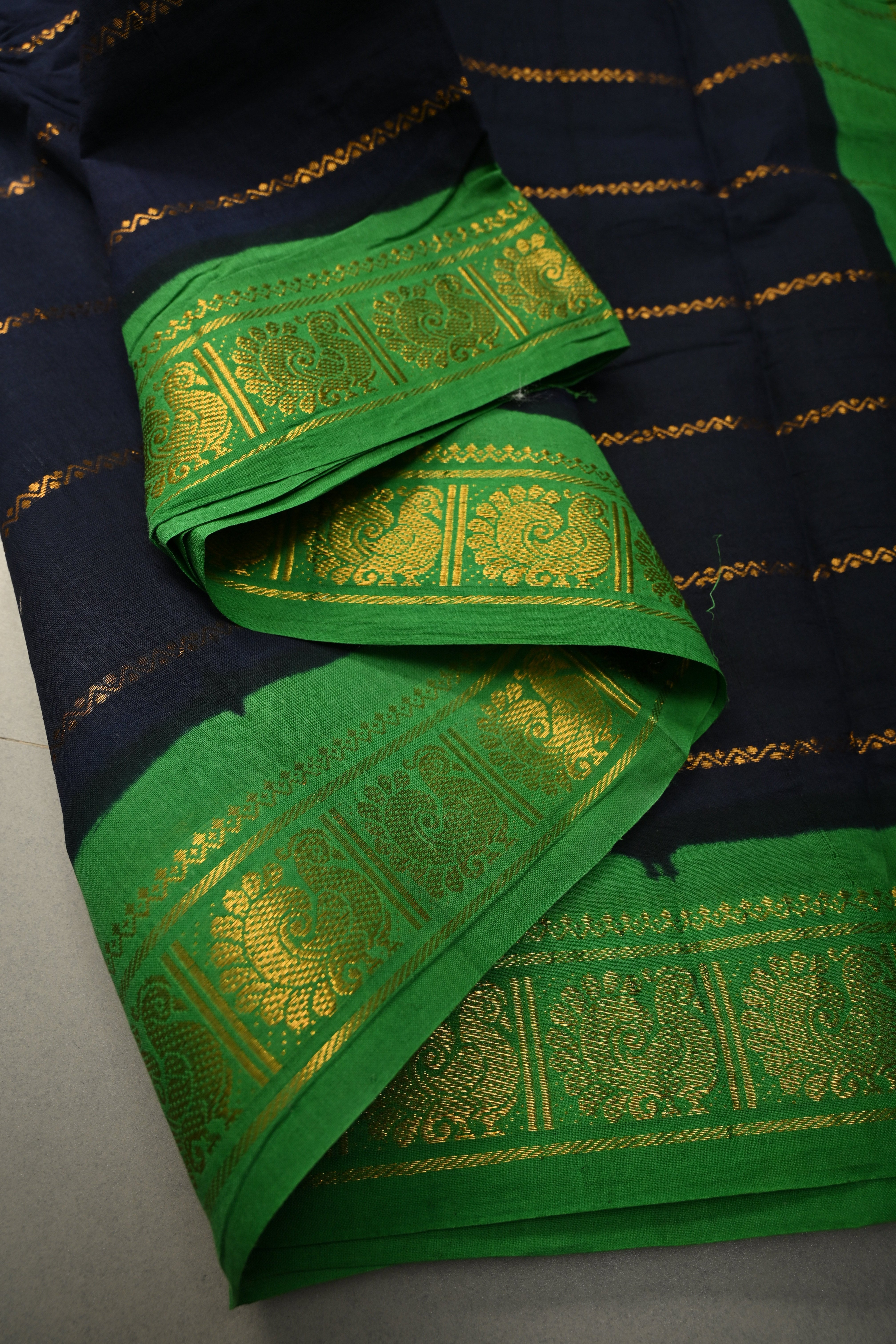 Dark Navy Blue Veldhari Zari Stripes Saree on Madurai Cotton With Contrast Zari Border | Shobitam