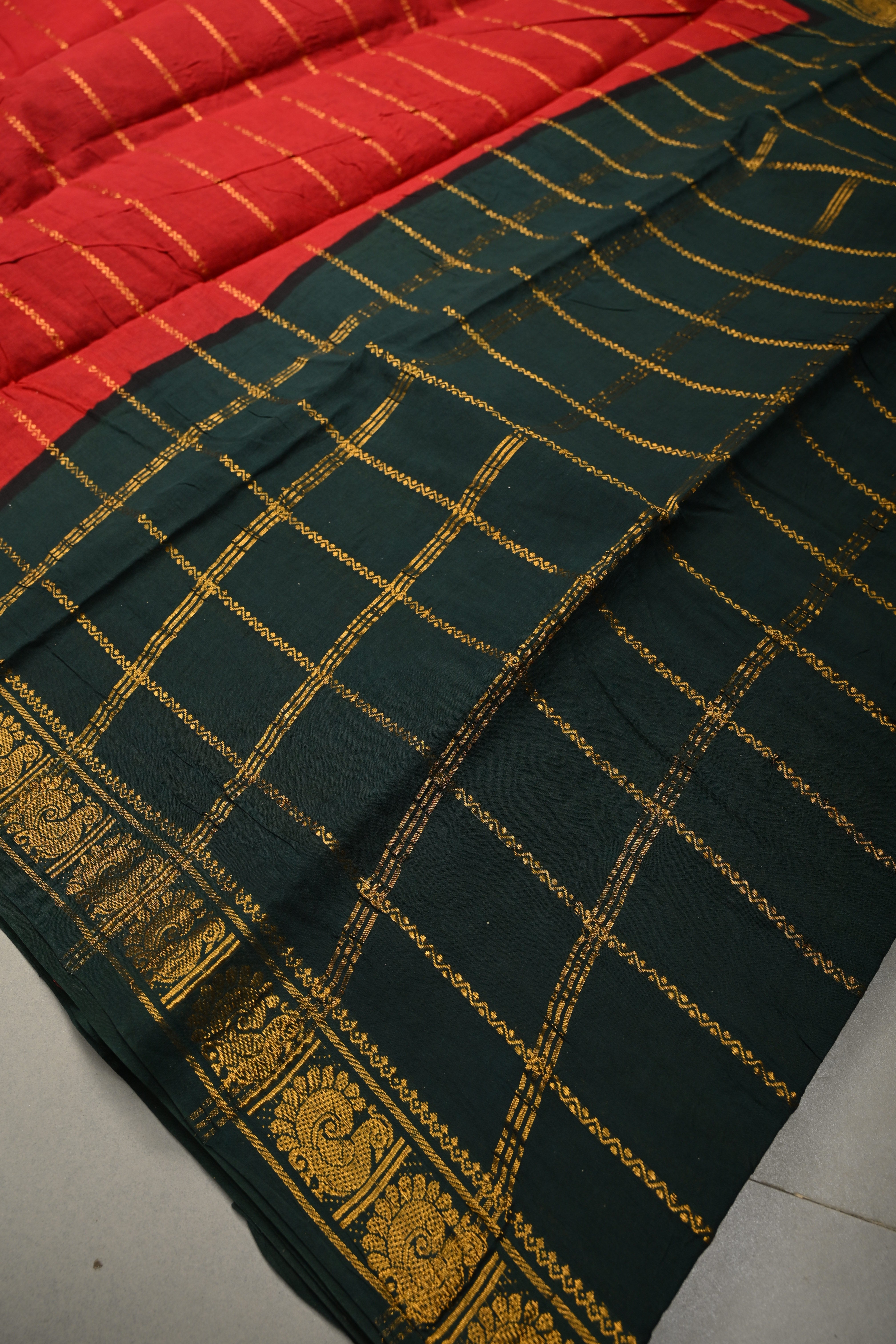 Carmine Red Pure Madurai Cotton Saree with Veldhari Zari Stripes and Contrast Zari Border | Shobitam