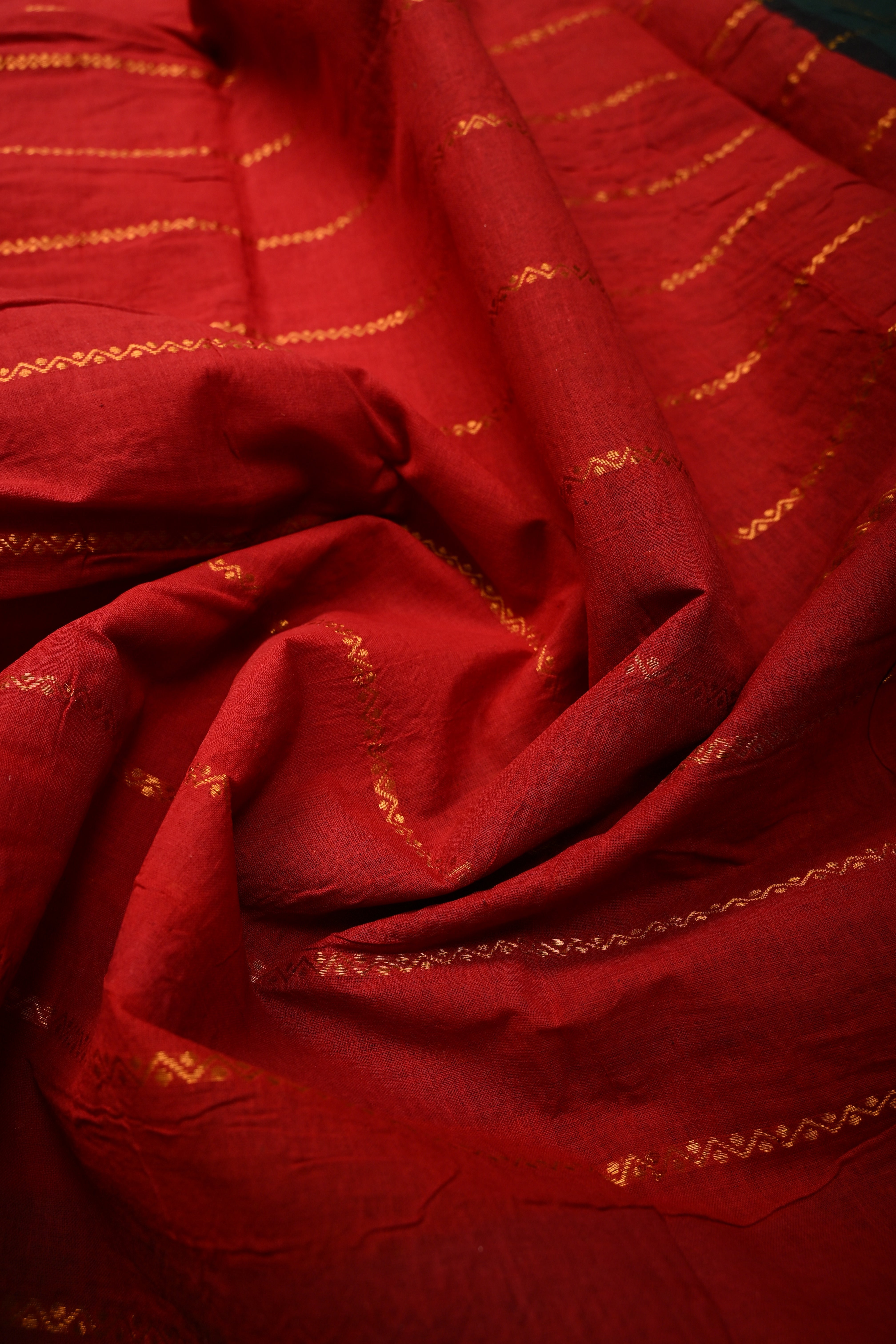 Carmine Red Pure Madurai Cotton Saree with Veldhari Zari Stripes and Contrast Zari Border | Shobitam