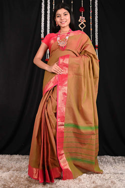 Theni Fine Kanjeevaram Cotton Dhoop Chaanv Temple border Wrap in 1 minute Saree with Chettinad Border