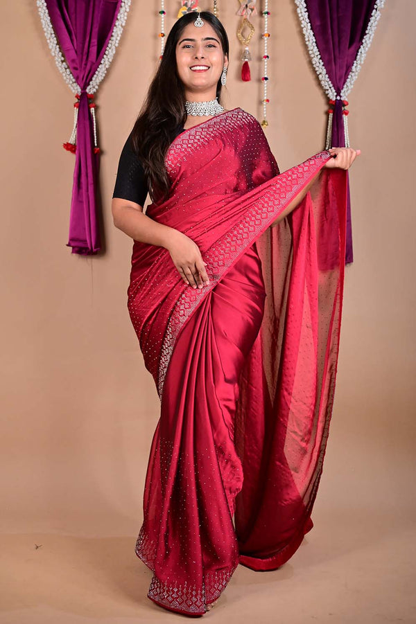 Alluring Soft Georgette Silk With Stone Sequence Bead Detailed  Work All Over Magenta Mix Wrap in 1 minute saree