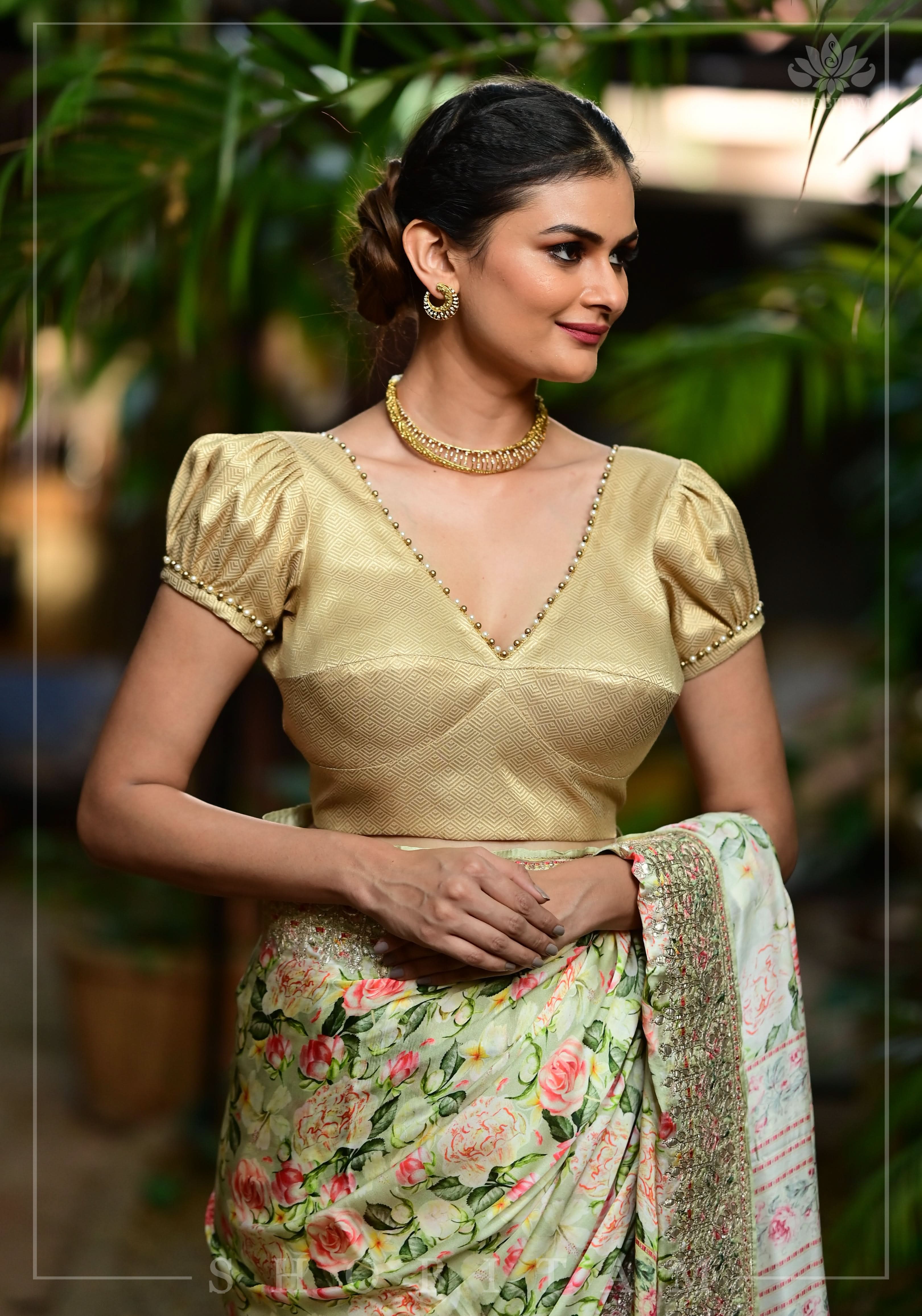 Gold tone sweetheart neck blouse with puff sleeves with beads detailing | Made to Order | Shobitam