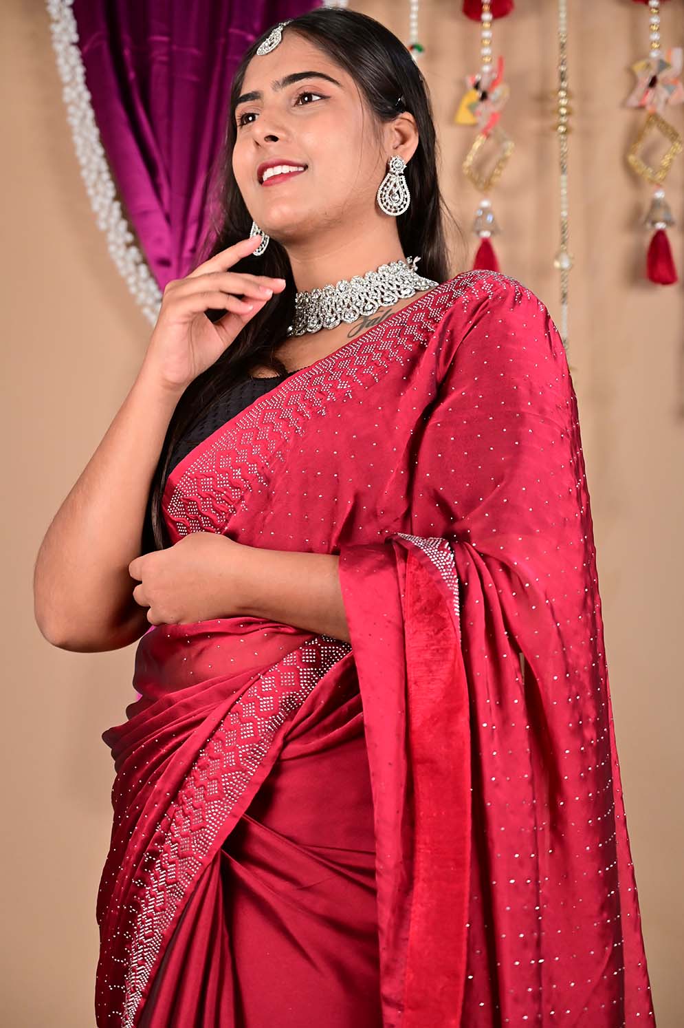 Alluring Soft Georgette Silk With Stone Sequence Bead Detailed  Work All Over Magenta Mix Wrap in 1 minute saree - Isadora Life