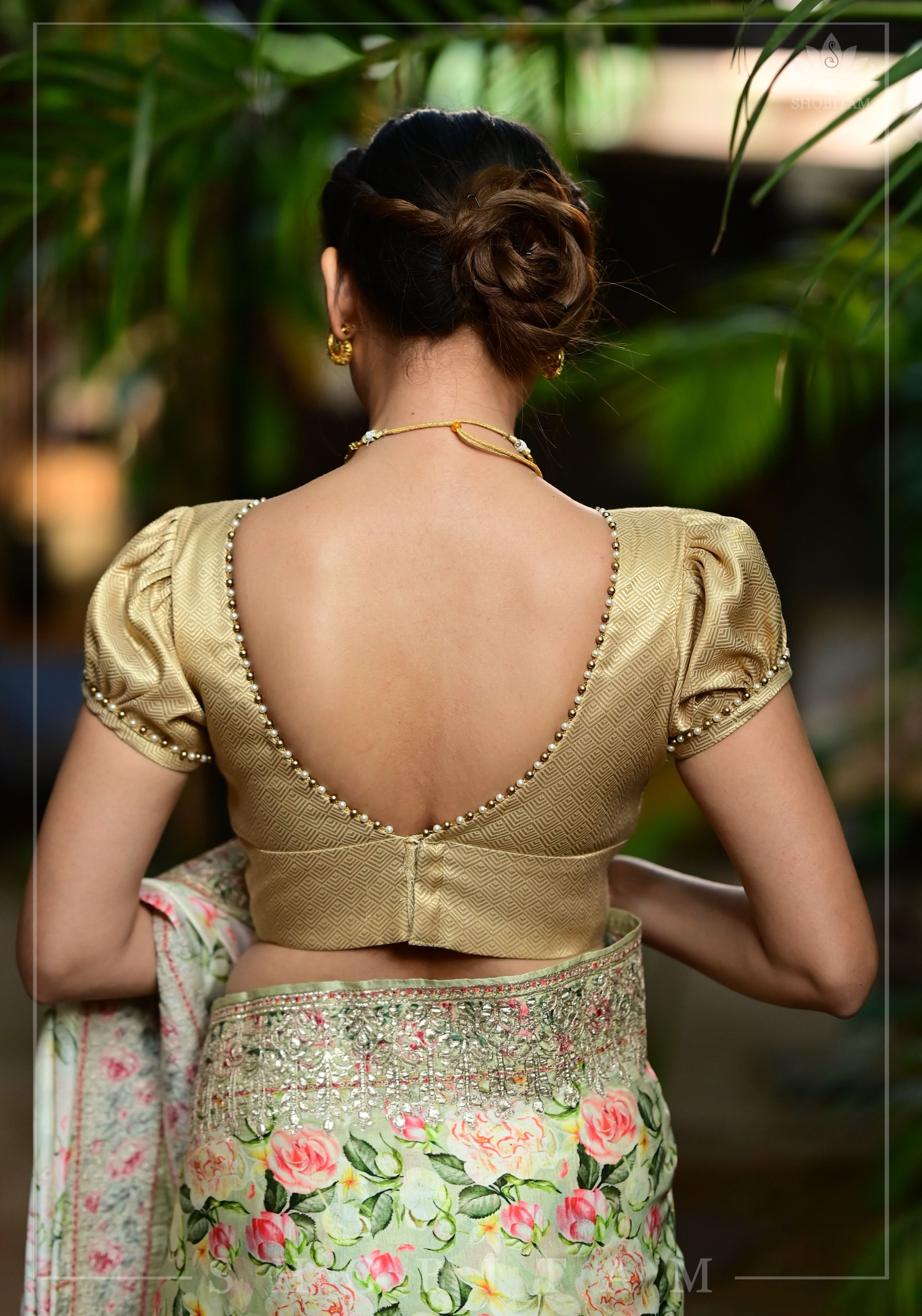 Gold tone sweetheart neck blouse with puff sleeves with beads detailing | Made to Order | Shobitam