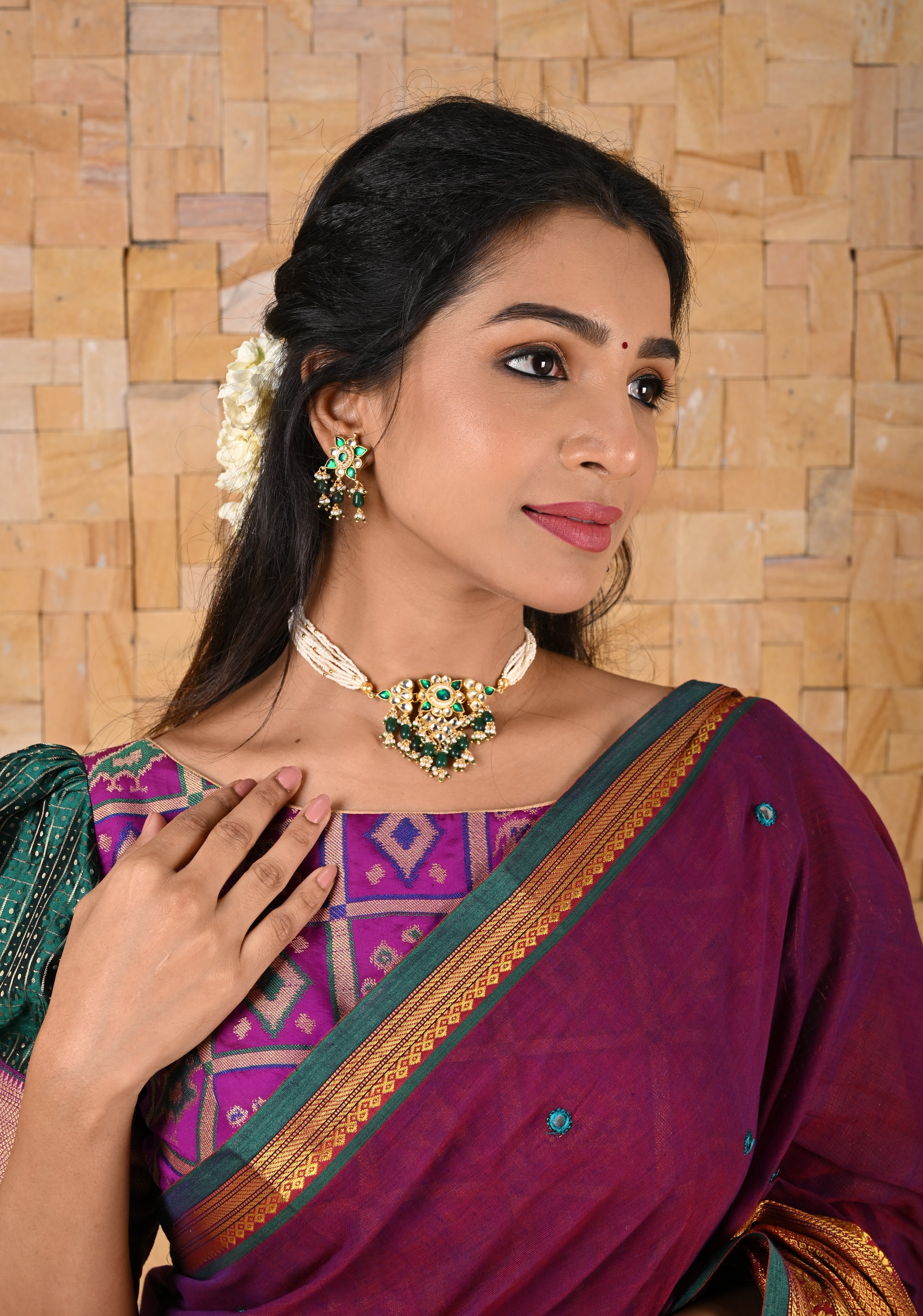 Ahmedabadi kundan multistrand necklace set with Green dangling  beads | Shobitam