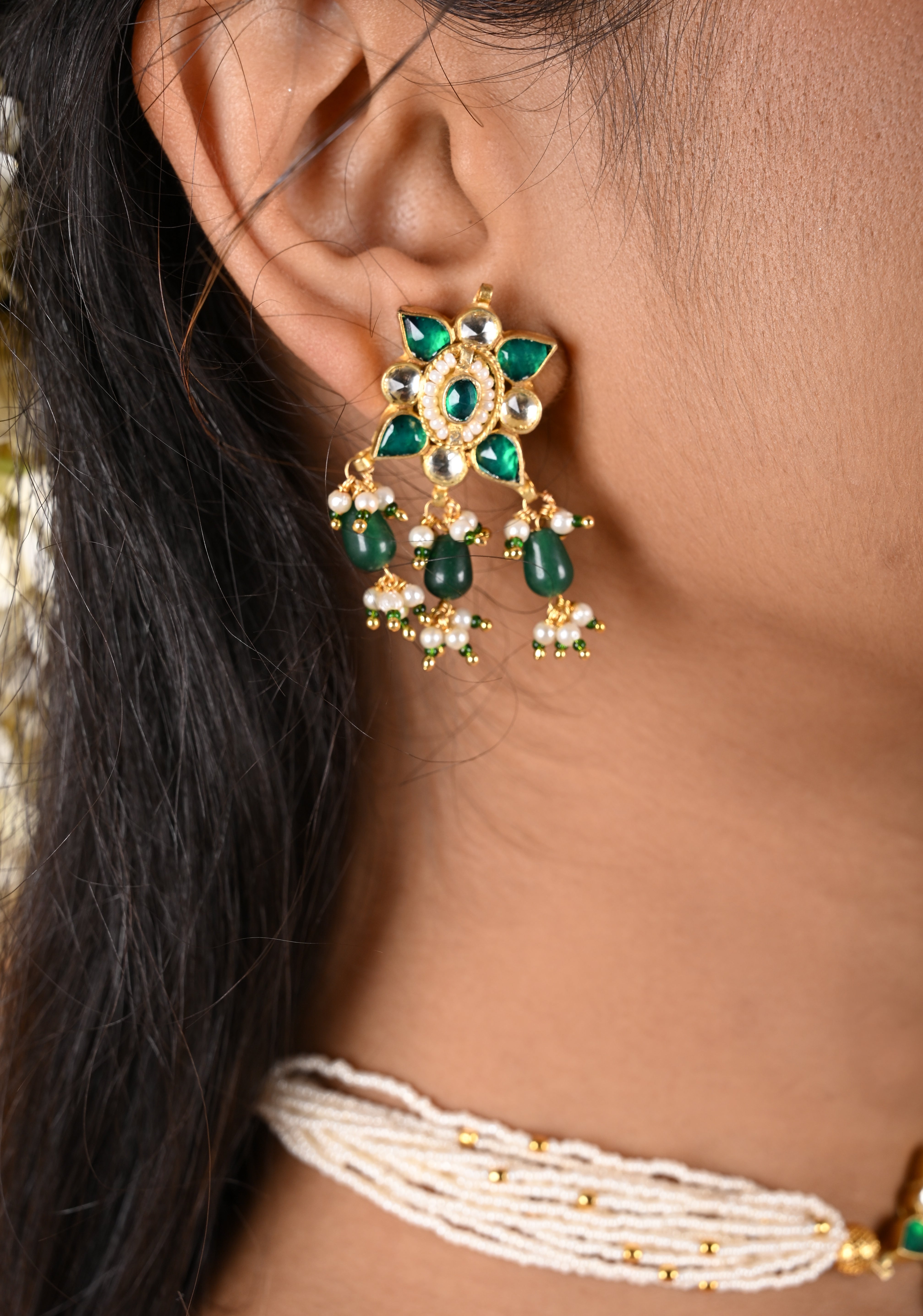Ahmedabadi kundan multistrand necklace set with Green dangling  beads | Shobitam
