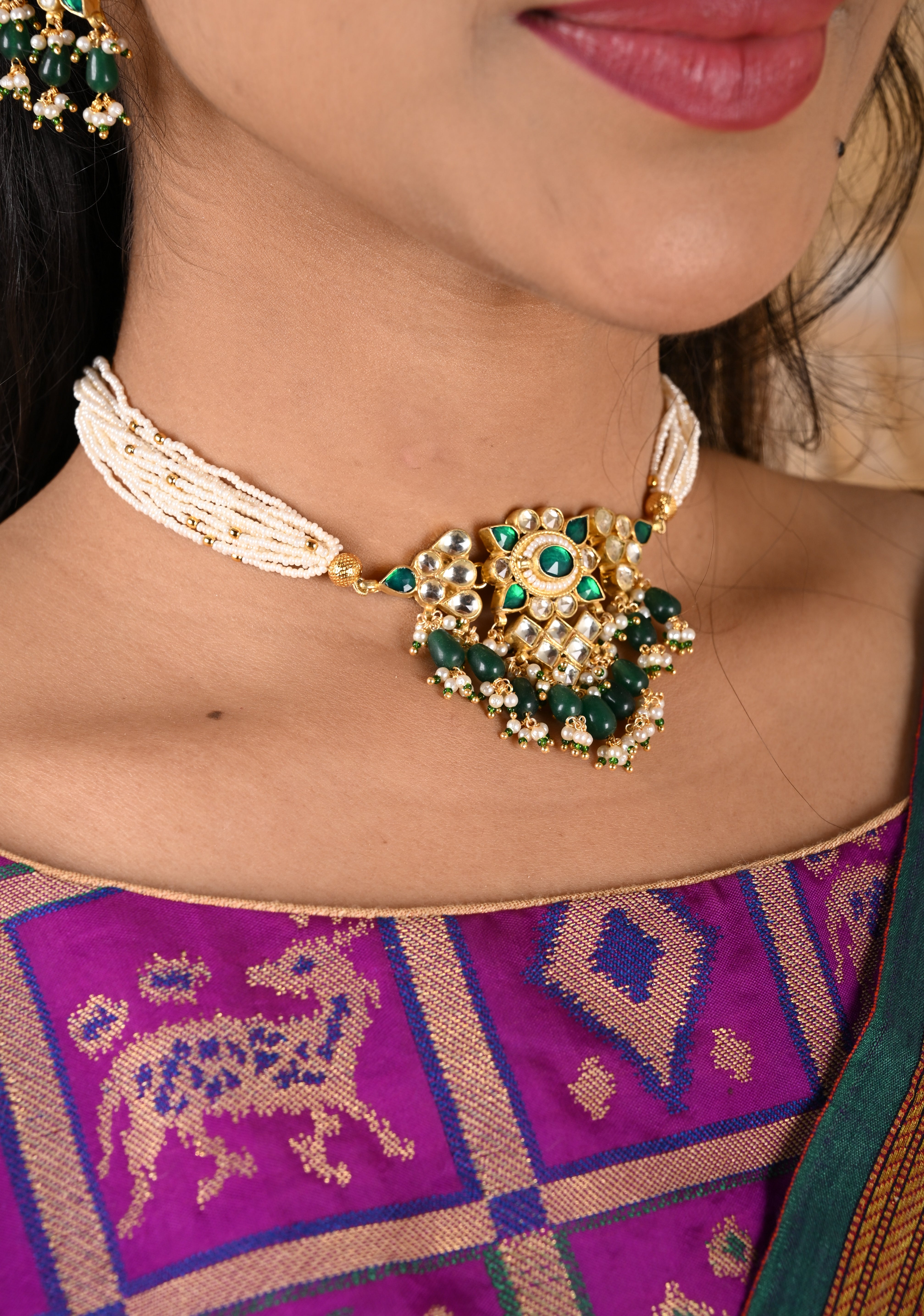 Ahmedabadi kundan multistrand necklace set with Green dangling  beads | Shobitam