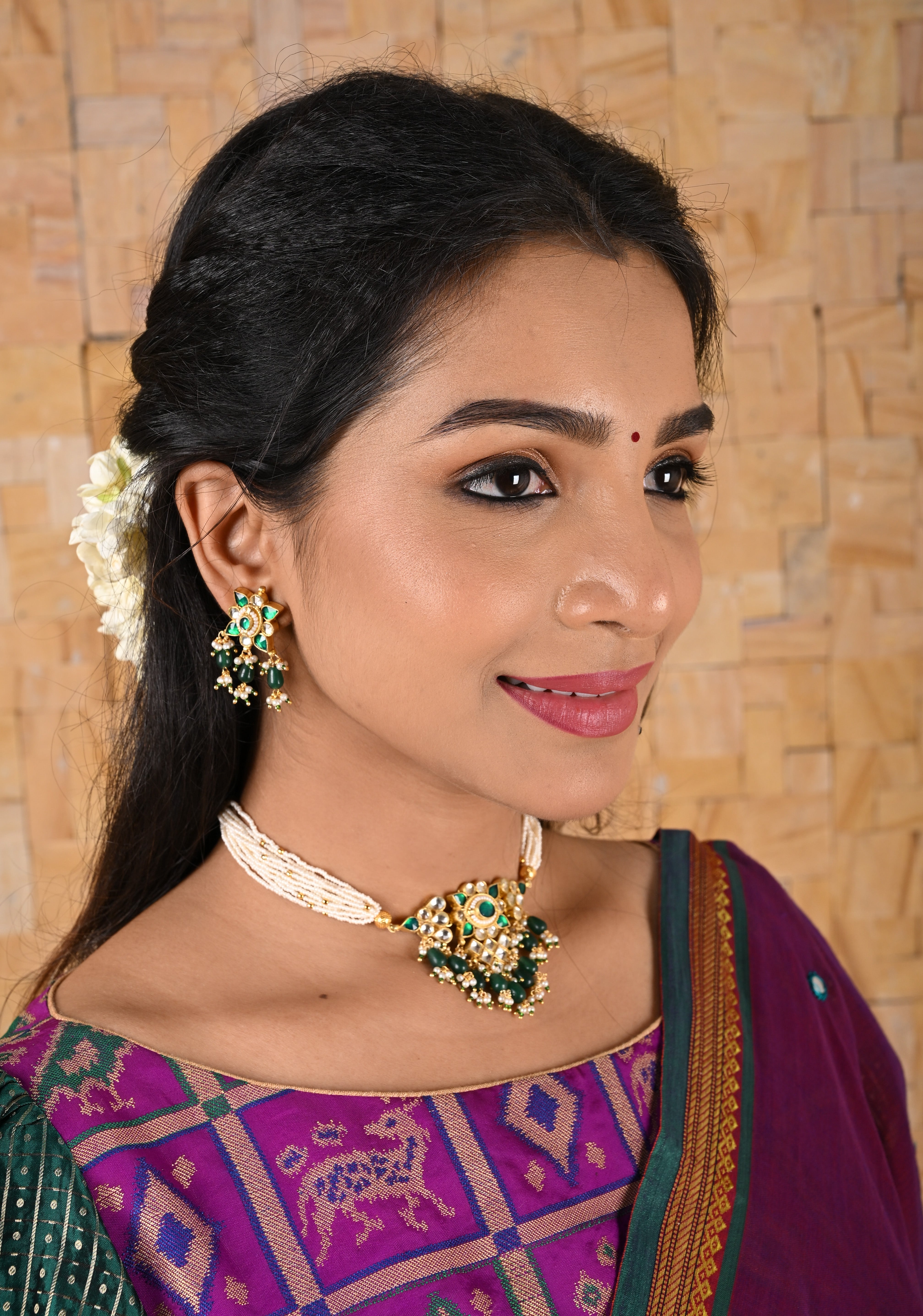 Ahmedabadi kundan multistrand necklace set with Green dangling  beads | Shobitam