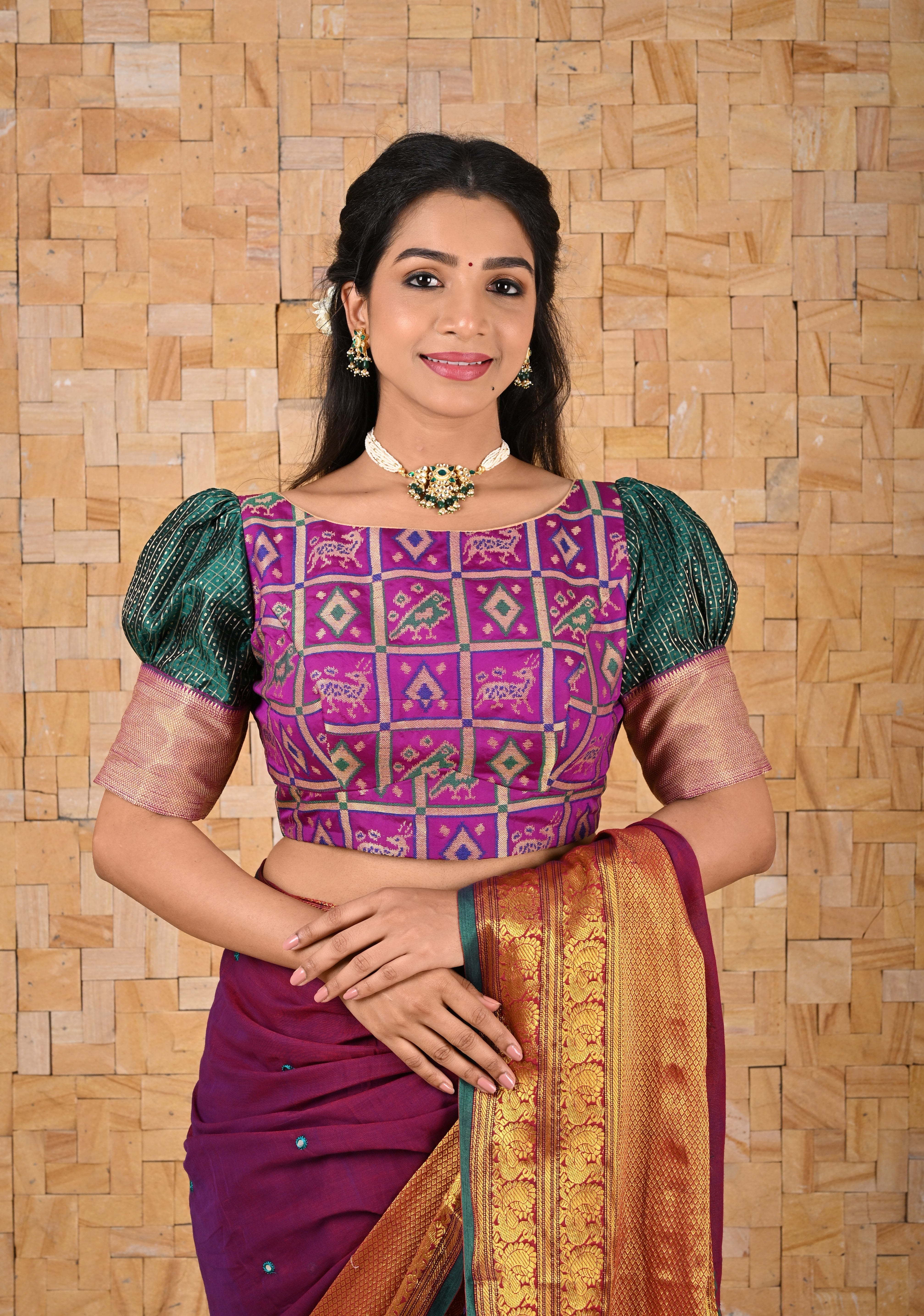 Green Purple Patola with Pure SIlk Kanjivaram zari checks Puff Sleeves Blouse, Made to Order, Customizable | Shobitam