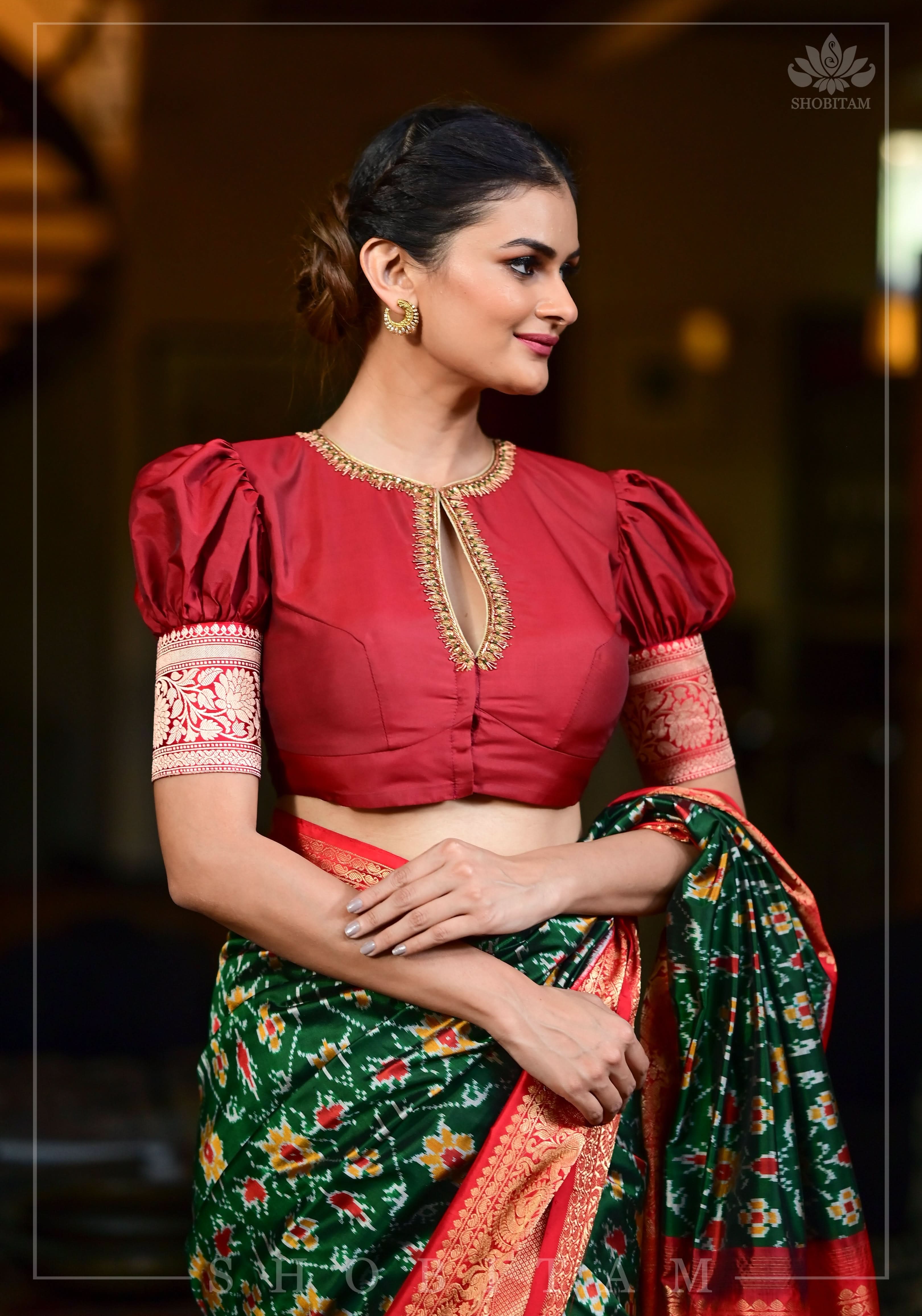 Maroon Blouse with Keyhole Neck, Zardosi work and Puff Sleeves with Zari Detailing | Shobitam