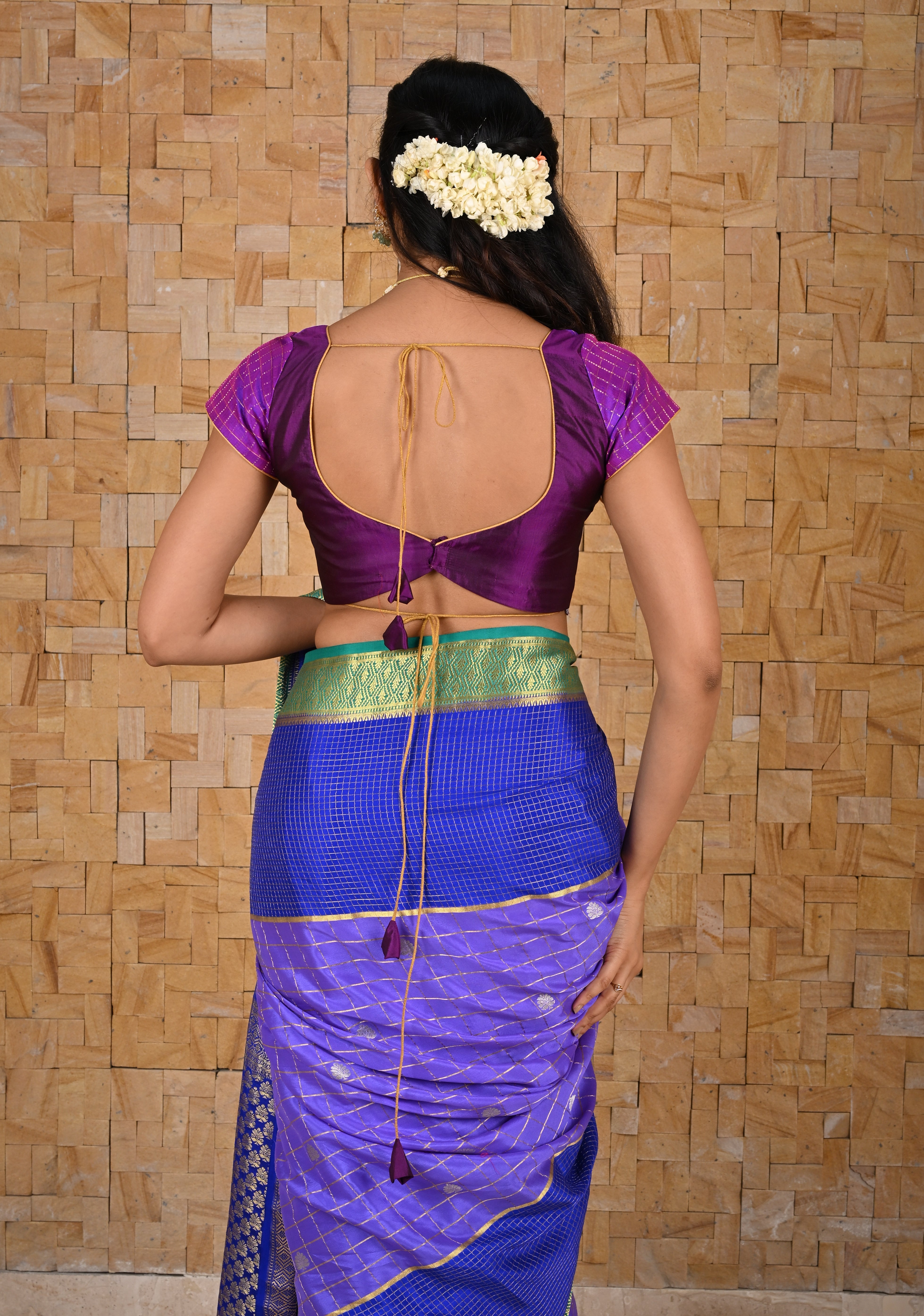 Purple Pure Silk Solid and Zari Checks Curved Tie Back Blouse, Made to Order, Customizable | Shobitam