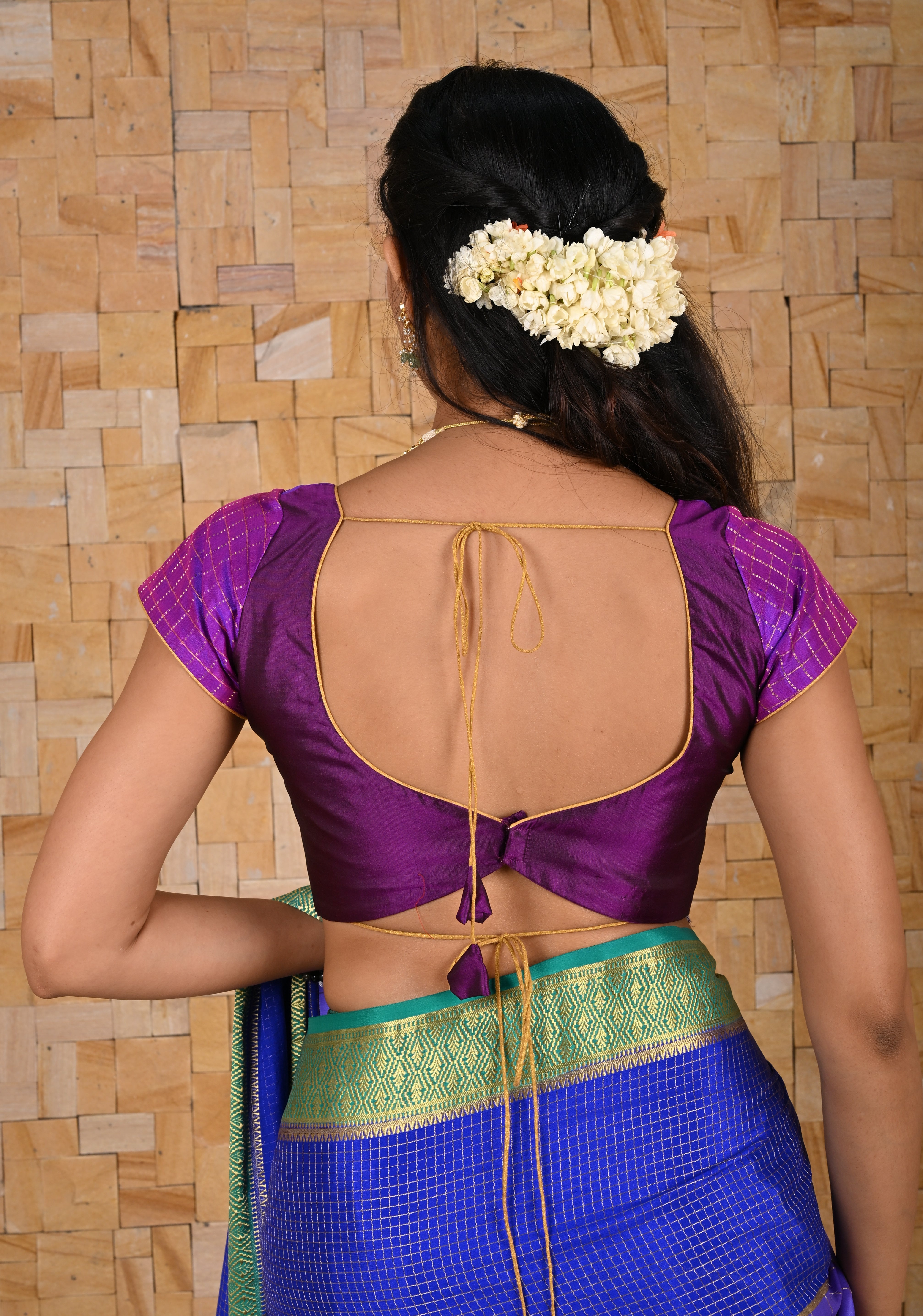 Purple Pure Silk Solid and Zari Checks Curved Tie Back Blouse, Made to Order, Customizable | Shobitam