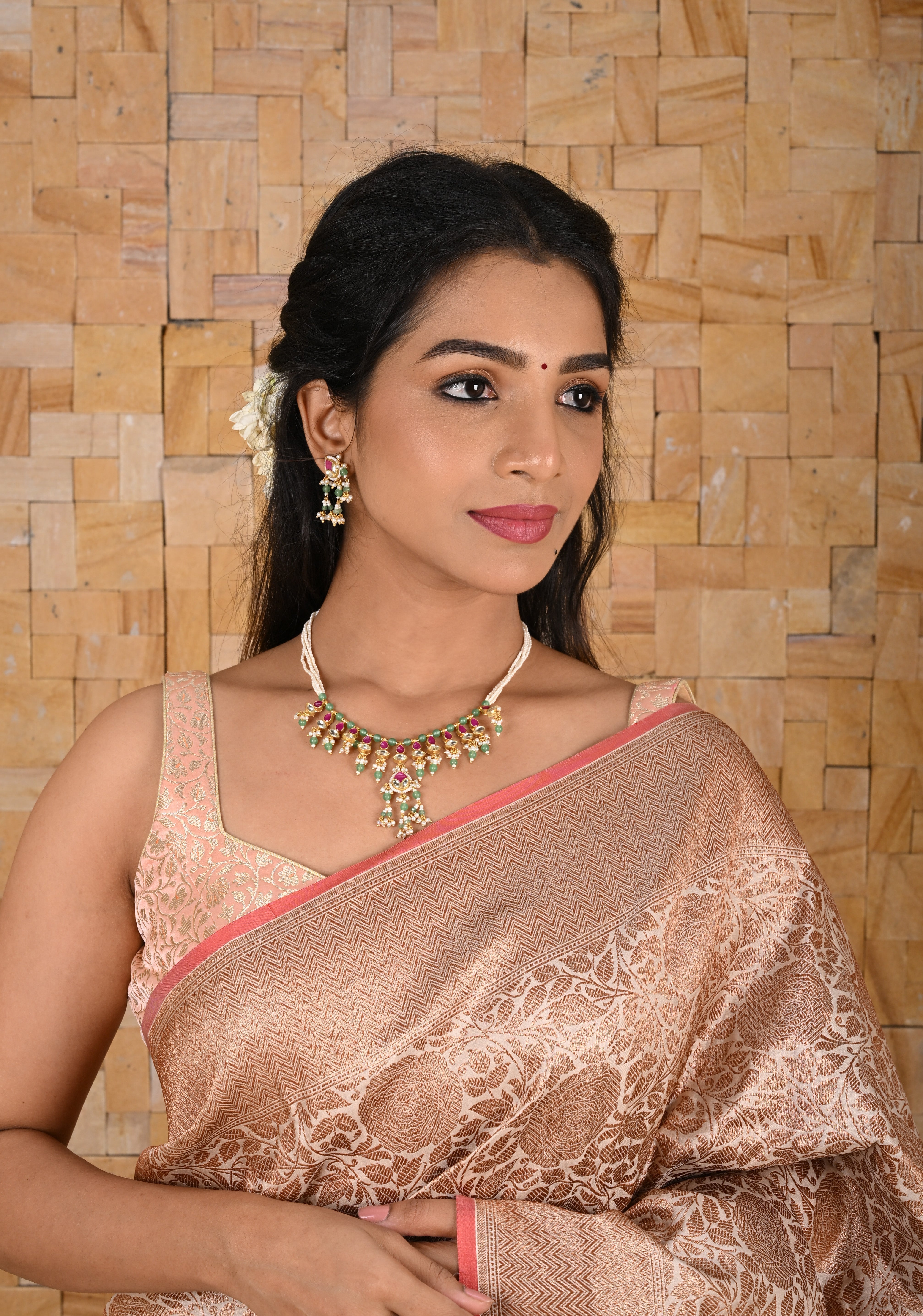 Simple and Lightweight Dangling Jadau Set necklace and Earrings Set | Shobitam