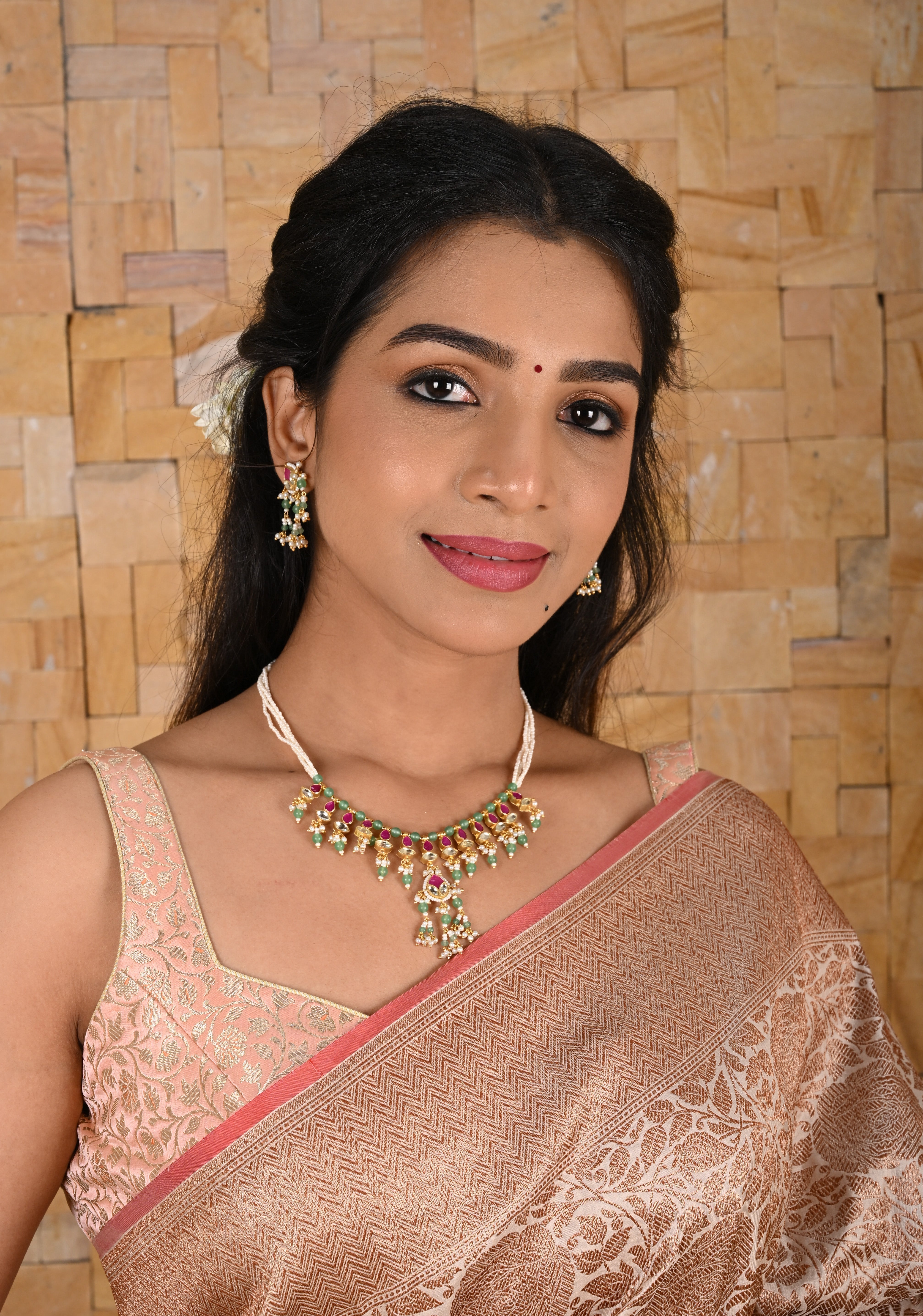 Simple and Lightweight Dangling Jadau Set necklace and Earrings Set | Shobitam