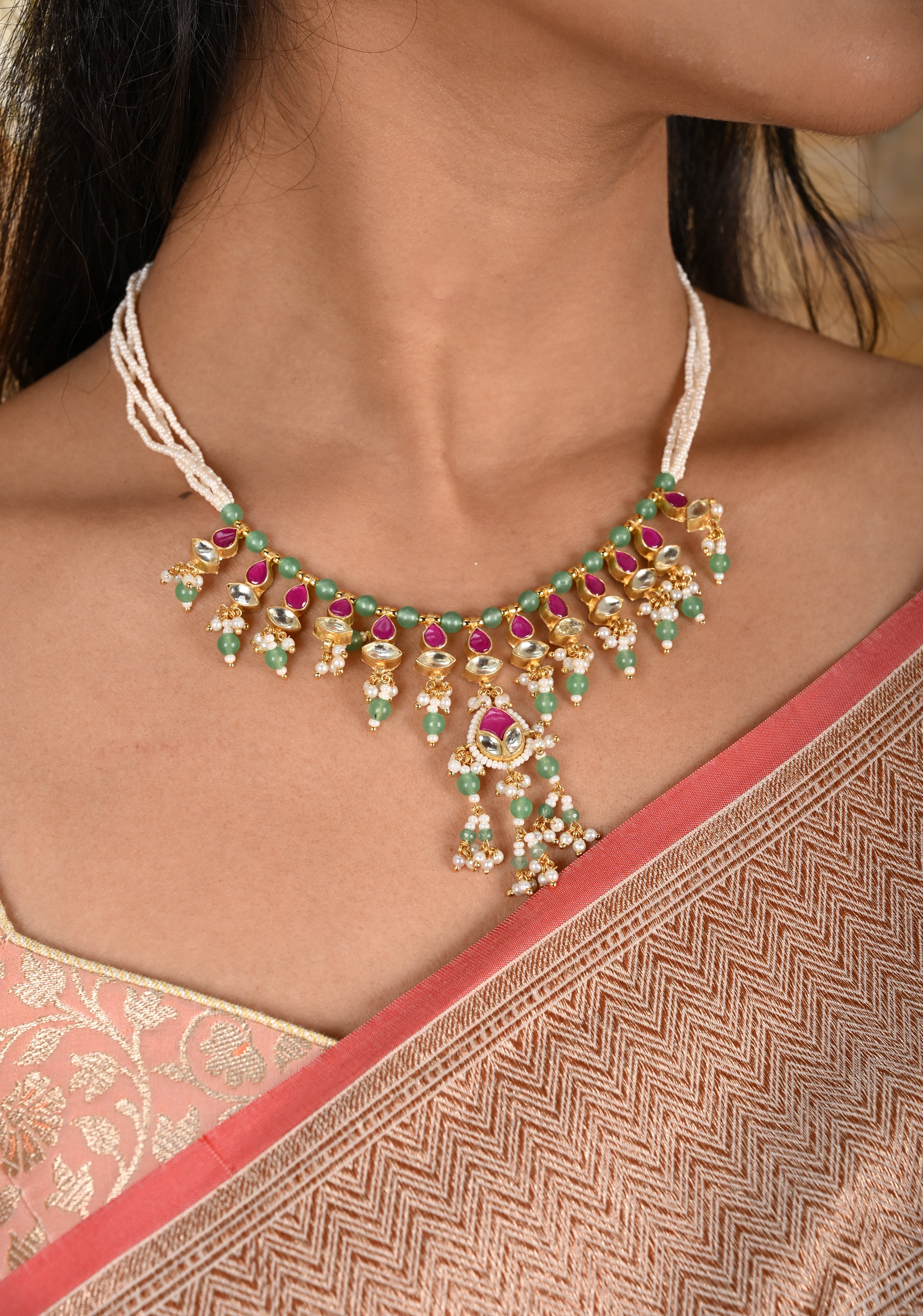 Simple and Lightweight Dangling Jadau Set necklace and Earrings Set | Shobitam