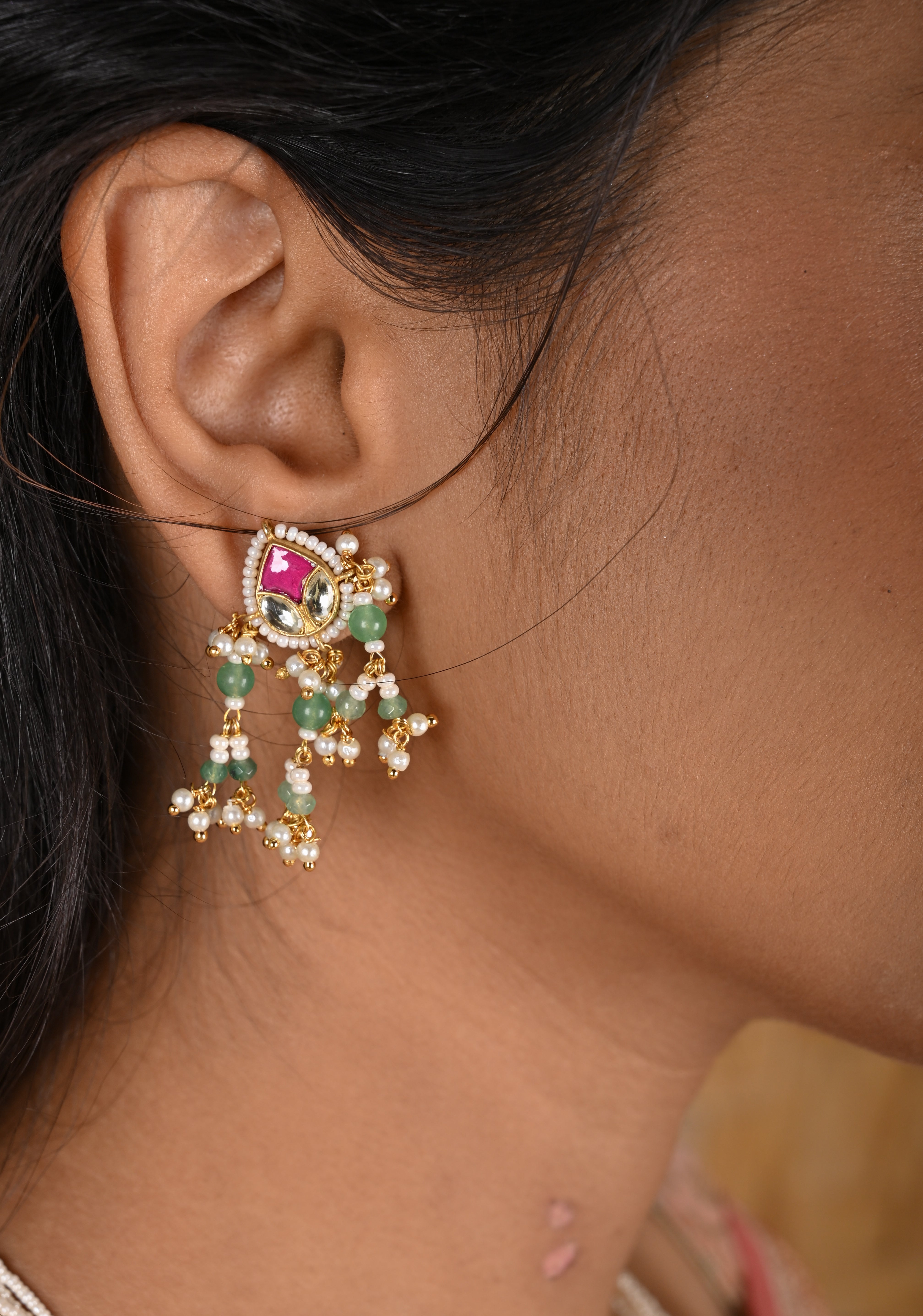 Simple and Lightweight Dangling Jadau Set necklace and Earrings Set | Shobitam