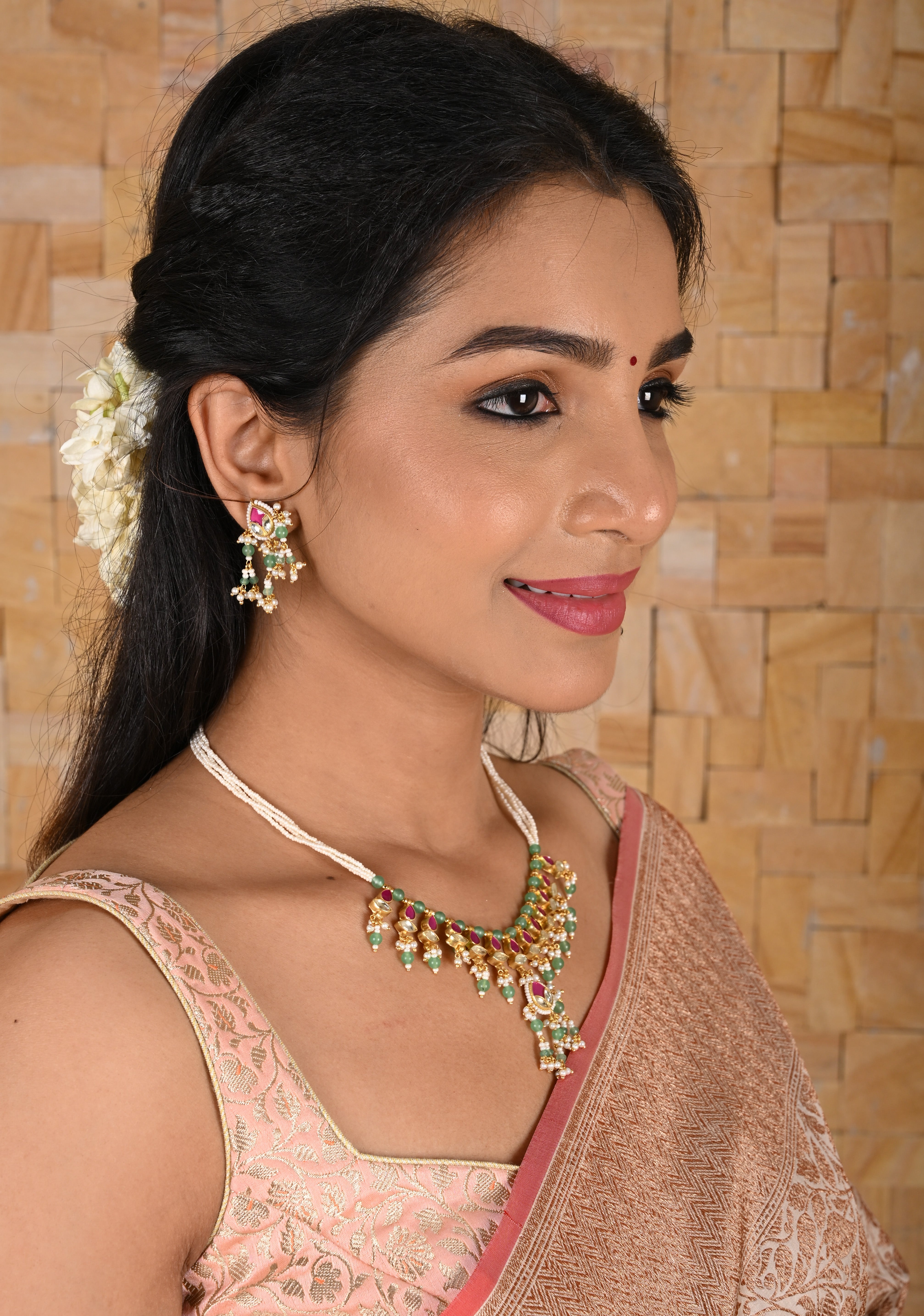Simple and Lightweight Dangling Jadau Set necklace and Earrings Set | Shobitam