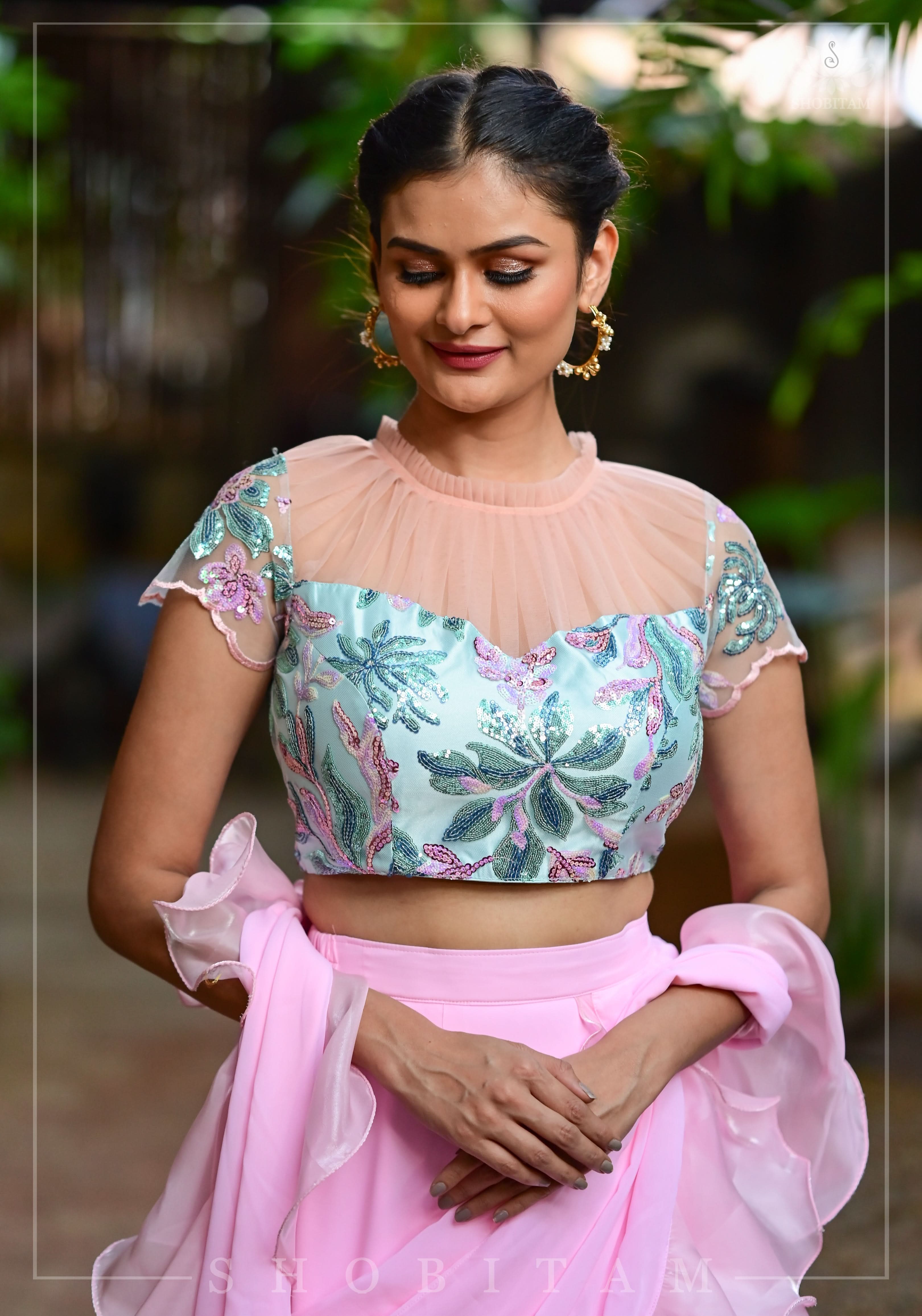 Stylish Aqua Baby Pink Sequins Blouse with Gathered Sheer Yoke | Shobitam