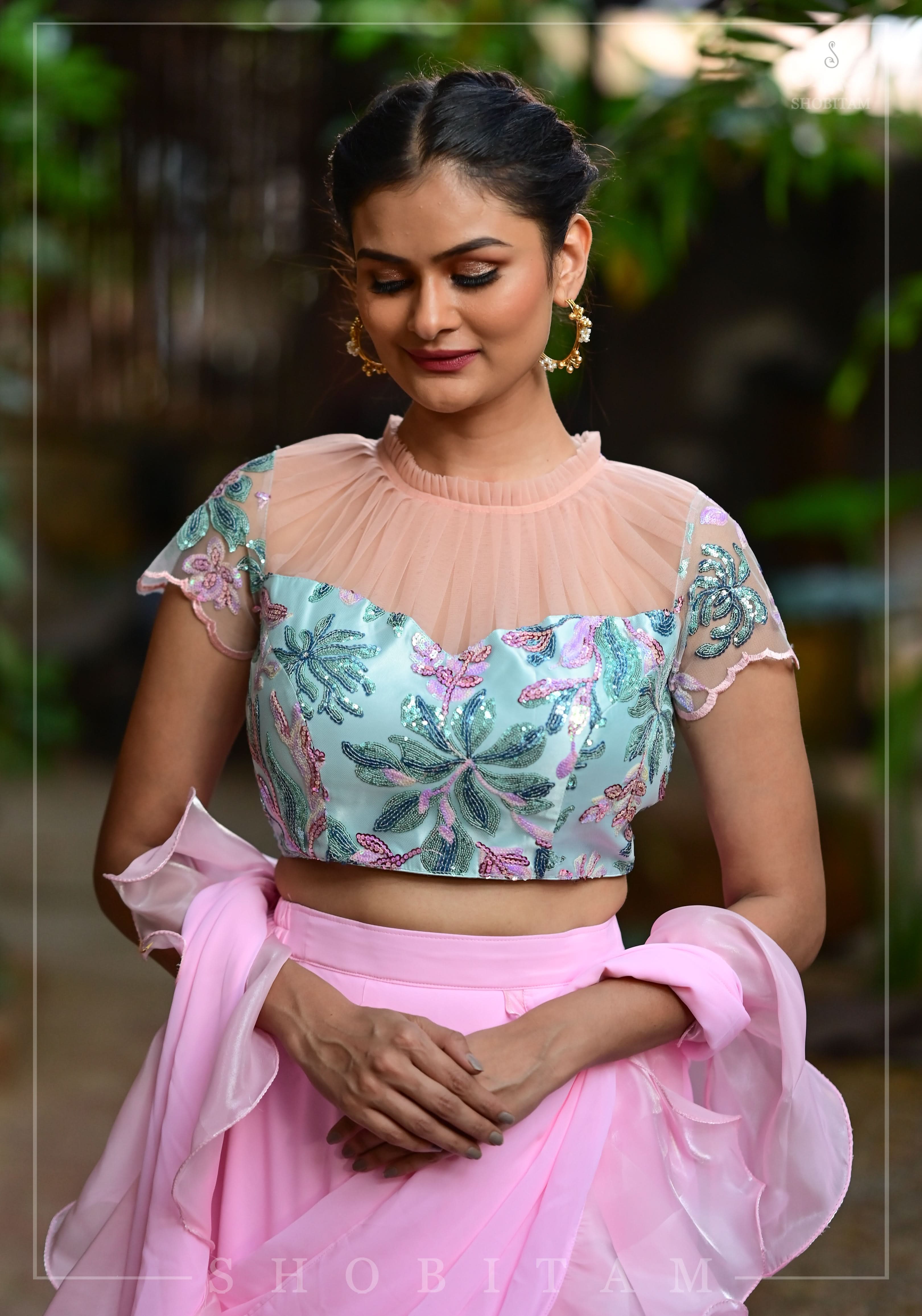 Stylish Aqua Baby Pink Sequins Blouse with Gathered Sheer Yoke | Shobitam