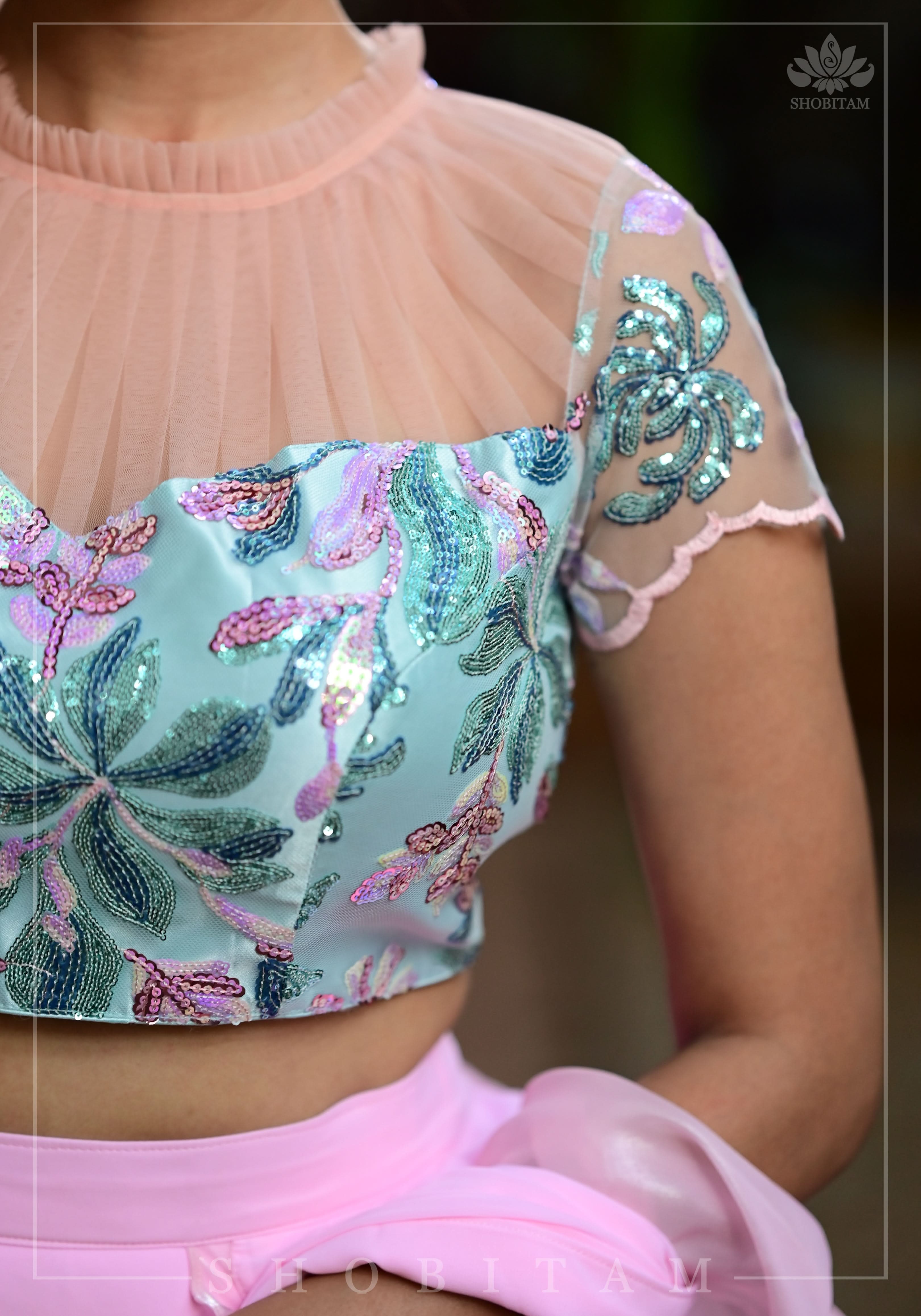Stylish Aqua Baby Pink Sequins Blouse with Gathered Sheer Yoke | Shobitam
