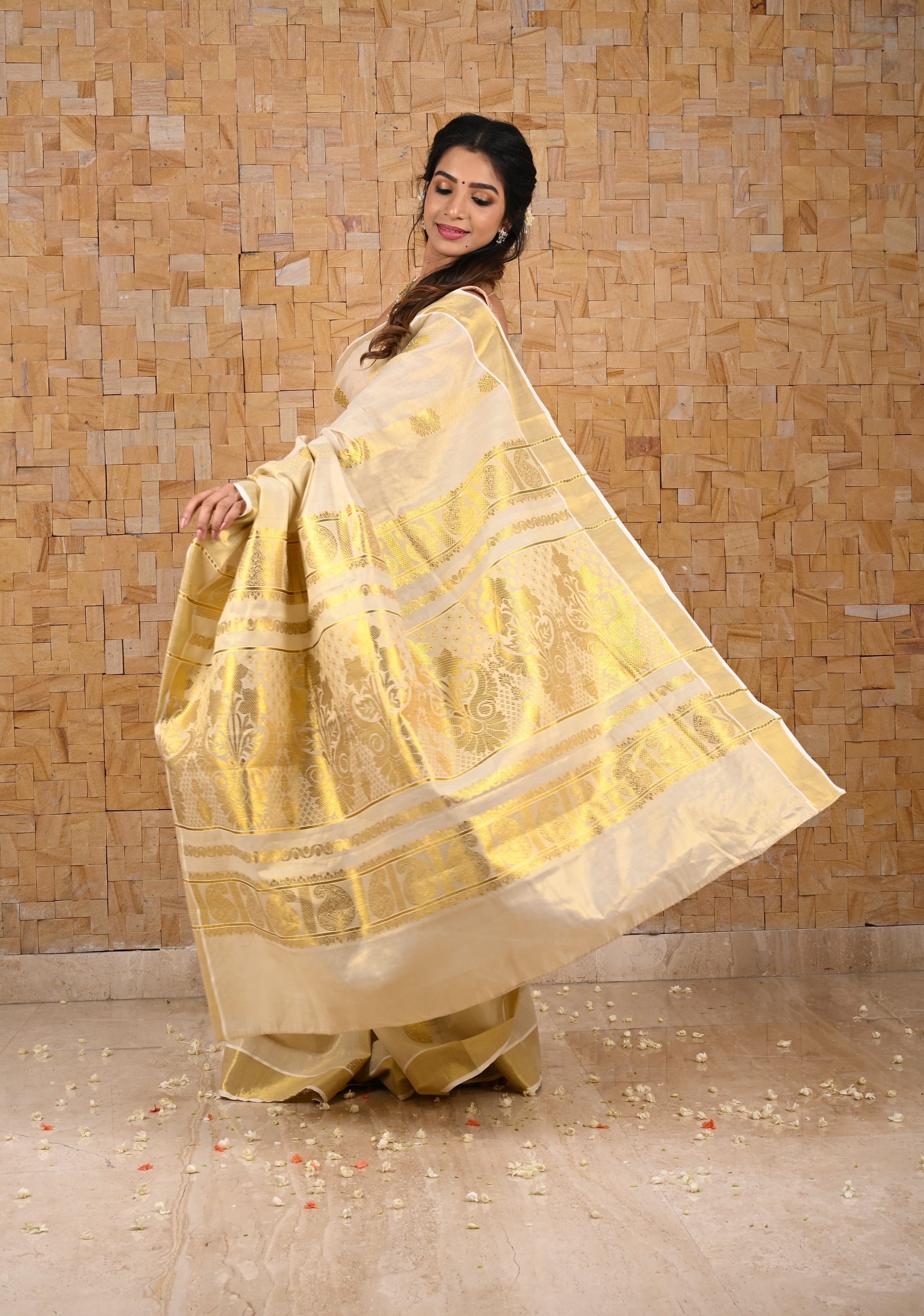 Beige Tissue Cotton Saree with Panel Zari Stripes | Shobitam